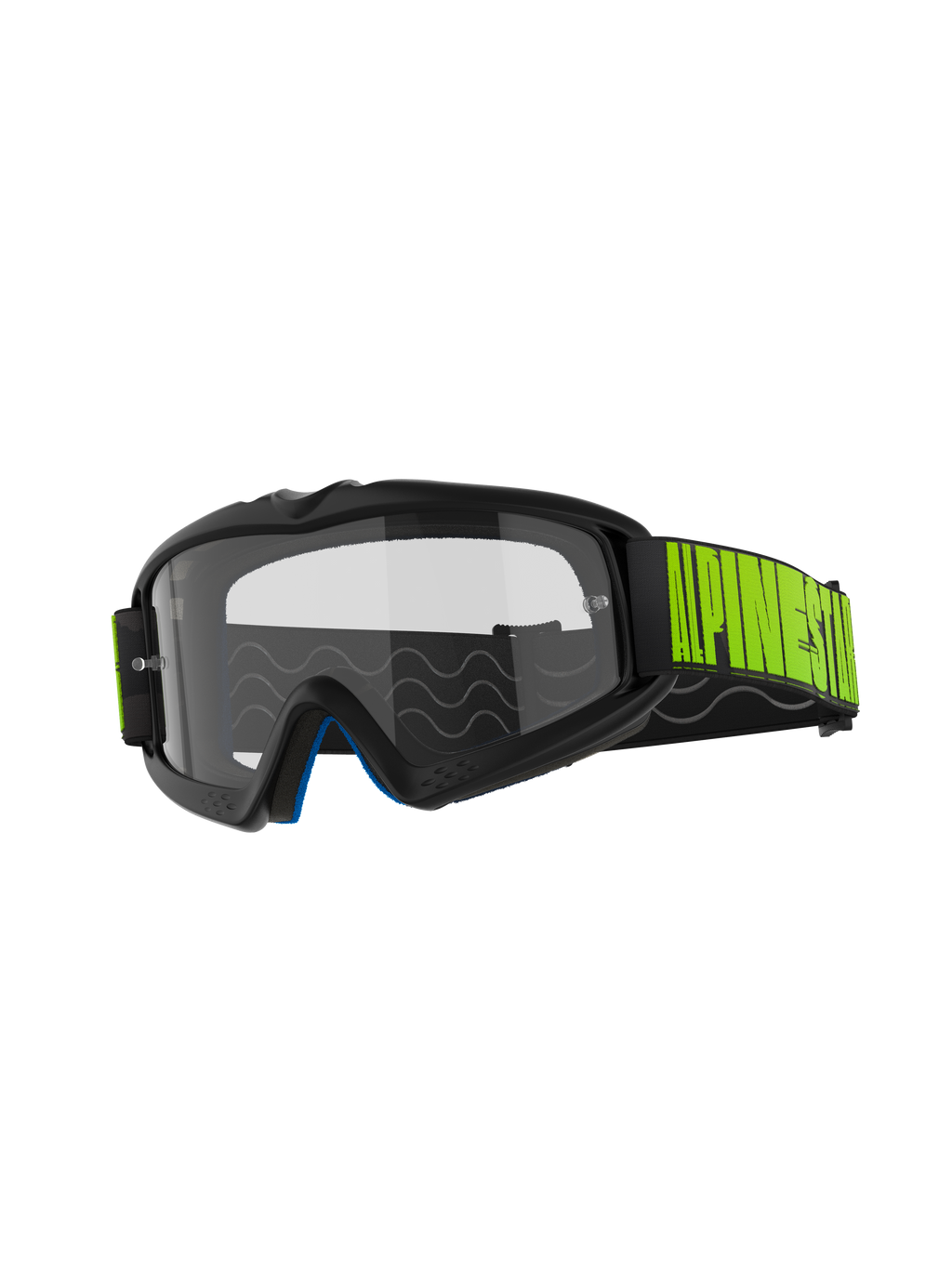 Alpinestars Vision Youth Hollow Goggles, Motocross Goggles, Charcoal frame with Clear anti-fog lens, Black strap with bold Fluo Yellow branding, blue inner foam, designed for young riders in off-road racing