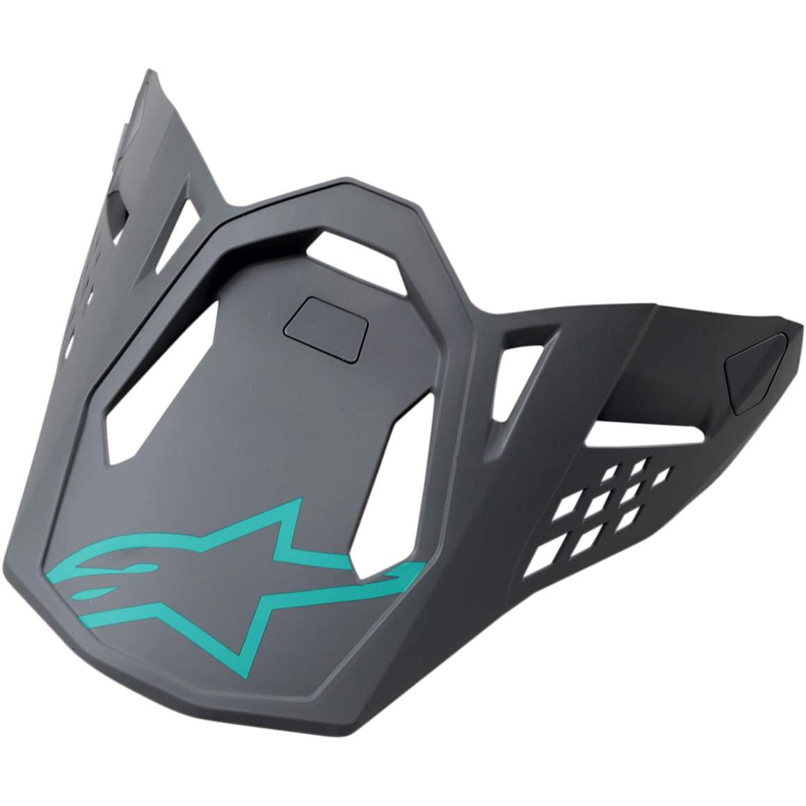 Alpinestars S-M8 Helmvisier, Radium Blau-Grau-Grün, dunkelgraues Ersatz-Helmschild mit einem türkisfarbenen Alpinestars Stern-Logo, geometrische Ausschnitte und kantiges mattes Design für Motocross-Helme