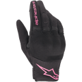 Alpinestars Stella Copper Damen-Handschuhe, Urbane Motorradhandschuhe, Schwarz und Fuchsia, atmungsaktives Mesh-Gewebe mit abgedecktem Hartschalen-Knöchelschutz, pinkfarbenes Alpinestars-Branding auf Zeigefinger und Manschette