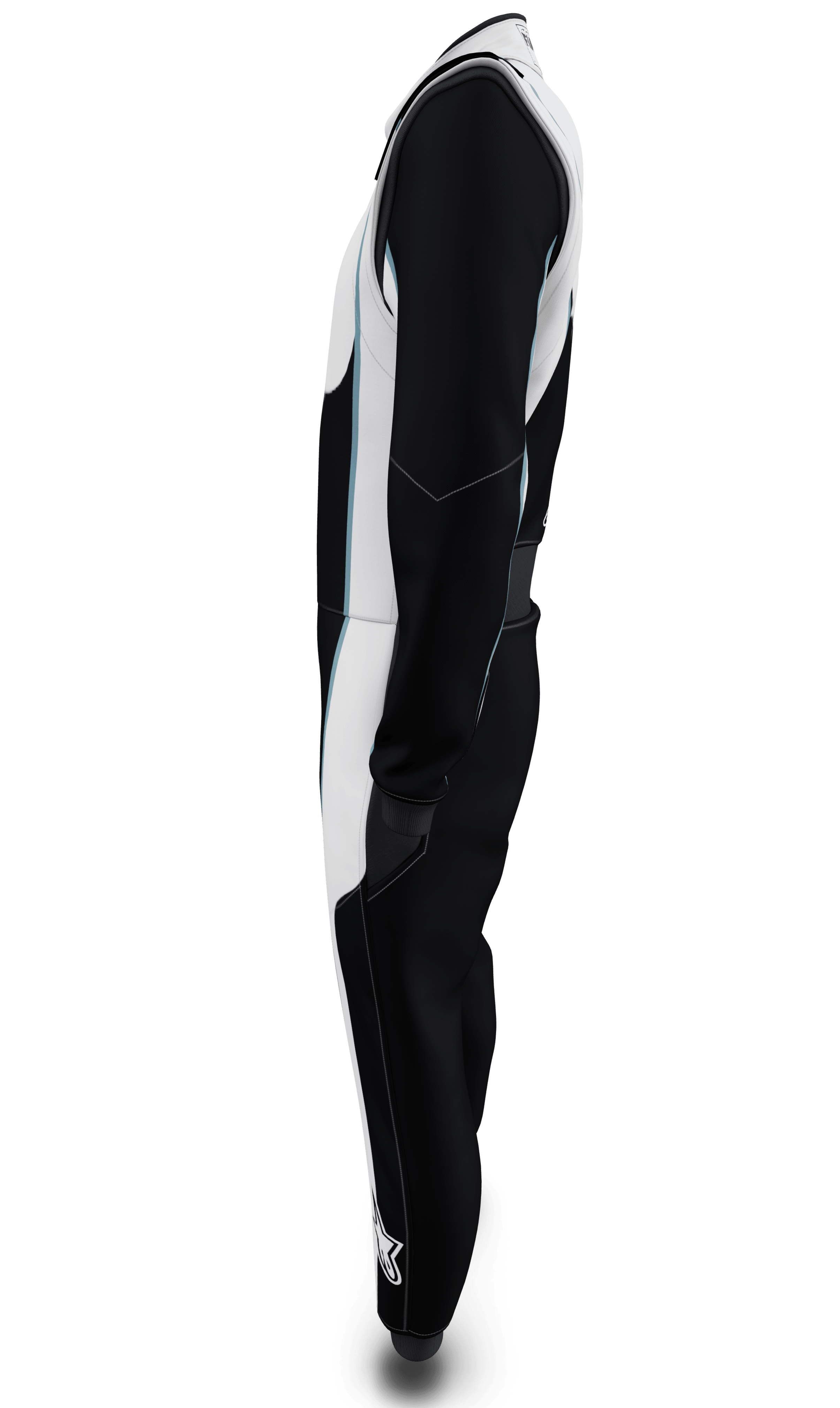 Alpinestars Tech Vision V3 Maßgeschneiderter Anzug, professionelle FIA-Autorennkombi, Seitenansicht, Schwarz und Weiß, feuerhemmende Nomex-Konstruktion