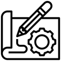 Alpinestars Engineering- und Design-Icon, Schwarz-Weiß-Strichzeichnung eines Bleistifts auf aufgerolltem Papier mit einem Zahnrad-Symbol, minimalistische technische Illustration
