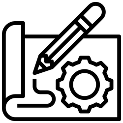 Alpinestars Engineering- und Design-Icon, Schwarz-Weiß-Strichzeichnung eines Bleistifts auf aufgerolltem Papier mit einem Zahnrad-Symbol, minimalistische technische Illustration