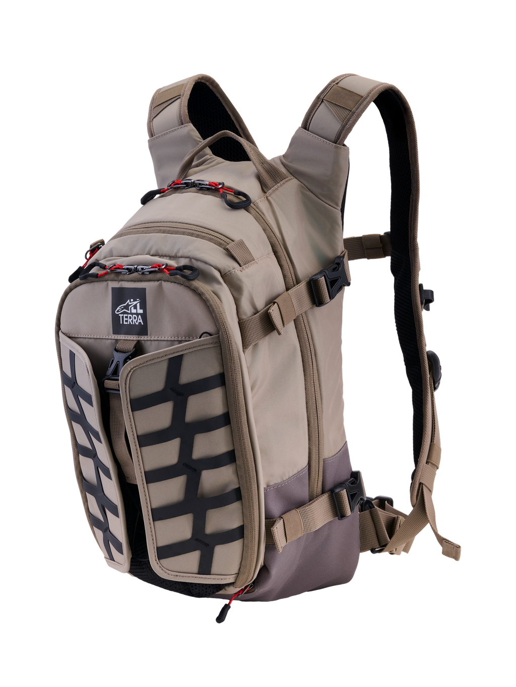 Alpinestars AT-15 Back Pack, Aluminum Walnut, 15L expandable adventure motorcycle backpack, front 3/4 view featuring All Terra logo, black grid panel, red zipper accents, and ergonomic shoulder straps, rugged off-road design
