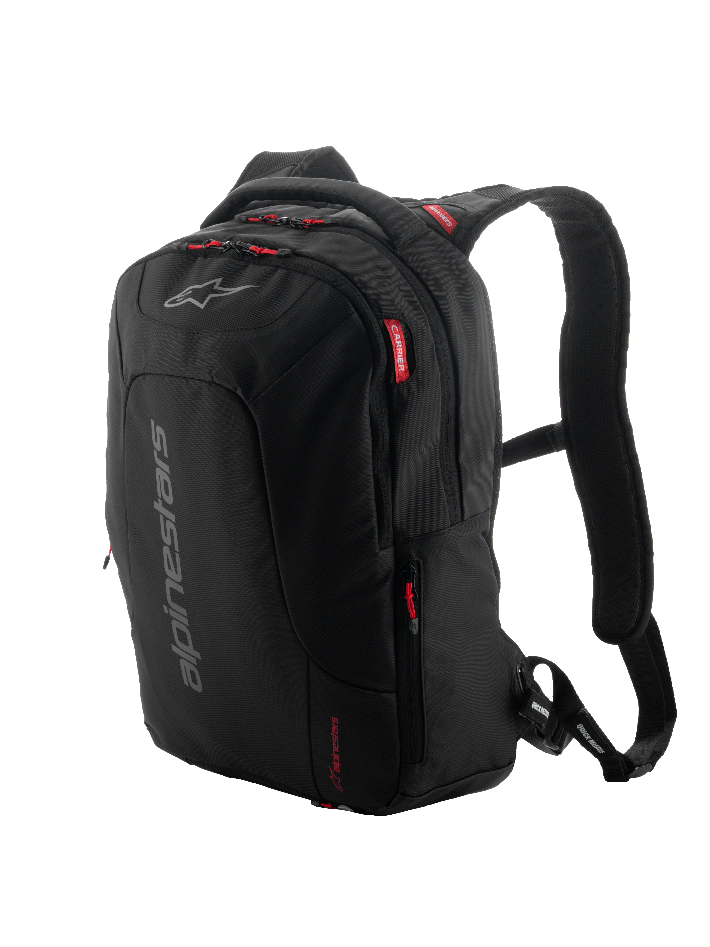 Alpinestars City Hunter V2 Rucksack, urbaner Motorradrucksack, Schwarz mit roten Reißverschluss-Zippern und Akzenten, graues vertikales Branding, gepolsterte Mesh-Schultergurte, schlankes konisches Design für Stabilität beim Fahren