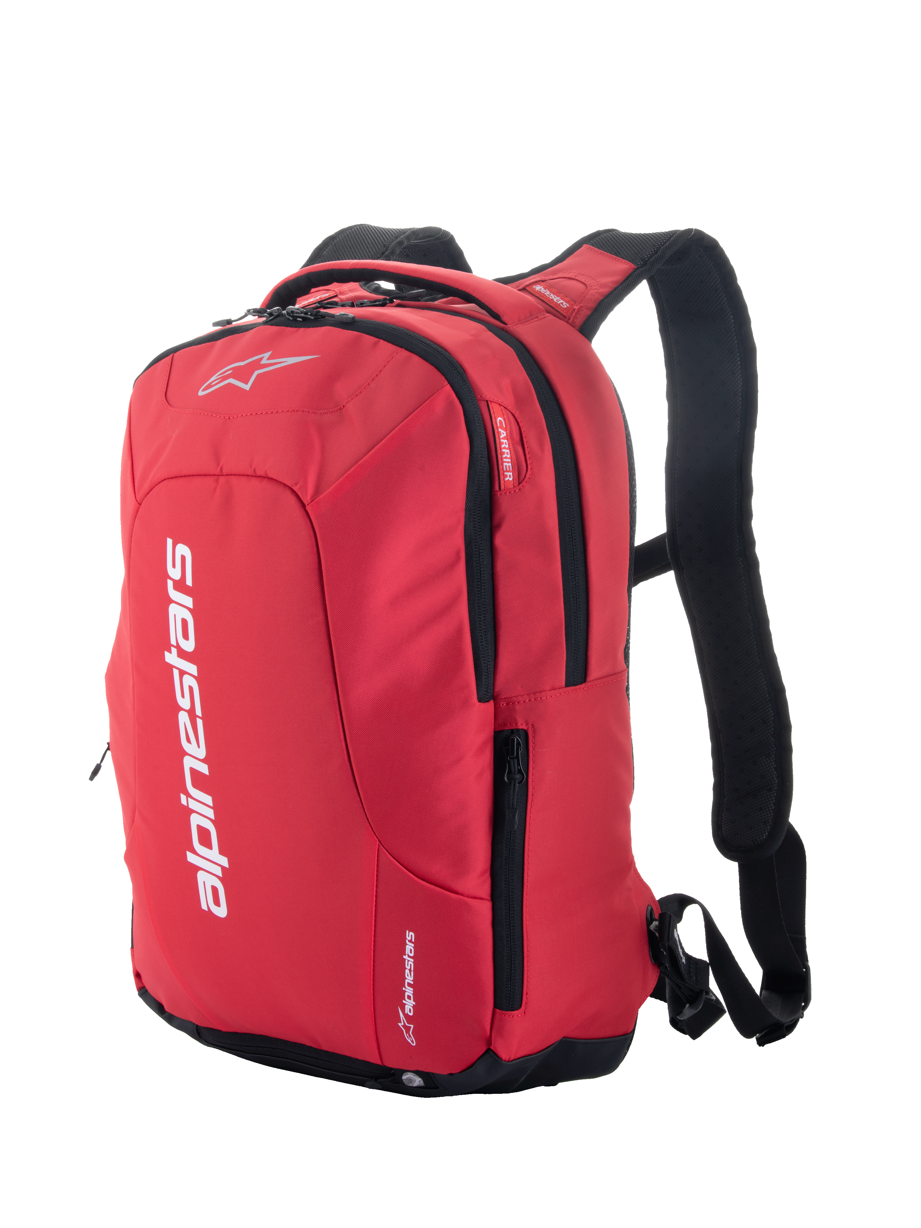Alpinestars City Hunter V2 Rucksack, Rot und Schwarz, urbaner Motorradrucksack mit markantem weißem Branding, seitliche Reißverschlusstaschen, gepolsterte Mesh-Schultergurte und ein stromlinienförmiges Design für Fahrer