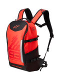Alpinestars MM93 AMP3 Backpack, Technical Motorcycle Backpack, Red Fluo and Bright Red with Black accents, featuring Marc Marquez 93 branding and Alpinestars logos, adjustable shoulder straps, side mesh pocket, and structured textile design.