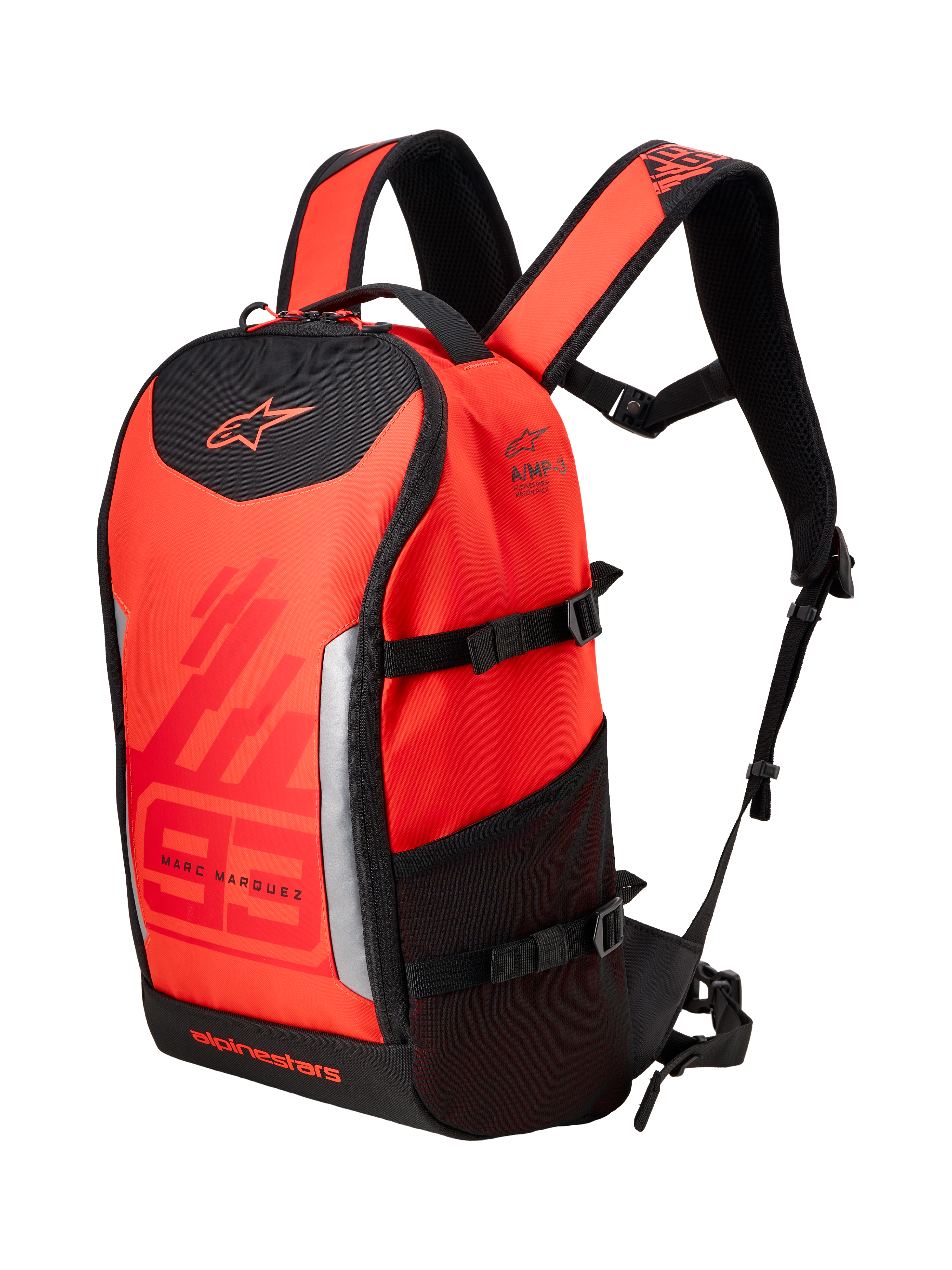 Alpinestars MM93 AMP3 Rucksack, Technischer Motorrad-Rucksack, Fluo-Rot und Hellrot mit schwarzen Akzenten, Marc Marquez 93 Branding und Alpinestars-Logos, verstellbare Schultergurte, seitliche Netztasche und strukturiertes Textildesign.