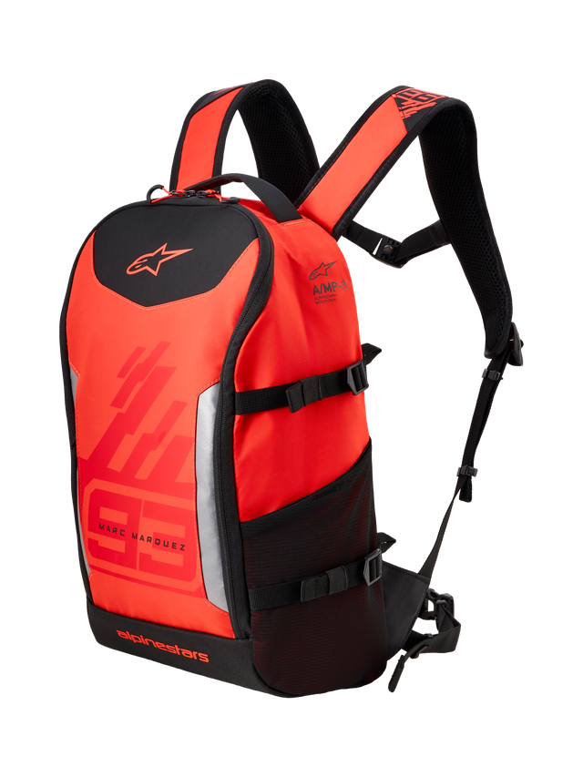Alpinestars MM93 AMP3 Backpack, Technical Motorcycle Backpack, Red Fluo and Bright Red with Black accents, featuring Marc Marquez 93 branding and Alpinestars logos, adjustable shoulder straps, side mesh pocket, and structured textile design.