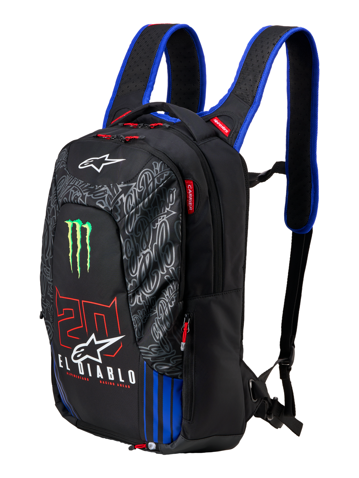 Alpinestars FQ20 City Hunter V2 Monster Backpack, black motorcycle backpack with blue shoulder straps, featuring green Monster Energy claw logo, red '20' and white 'El Diablo' branding, technical urban riding gear with tapered profile.