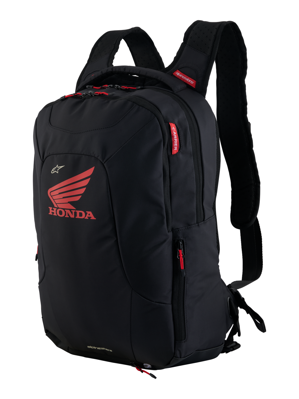 Honda City Hunter V2 Rucksack, Urbaner Motorrad-Rucksack, Schwarz und Hellrot, mit großem rotem Honda-Flügel-Logo und Alpinestars-Branding, mehrere Reißverschlussfächer mit roten Zippern, ergonomisches Design mit gepolsterten 3D-Mesh-Gurten