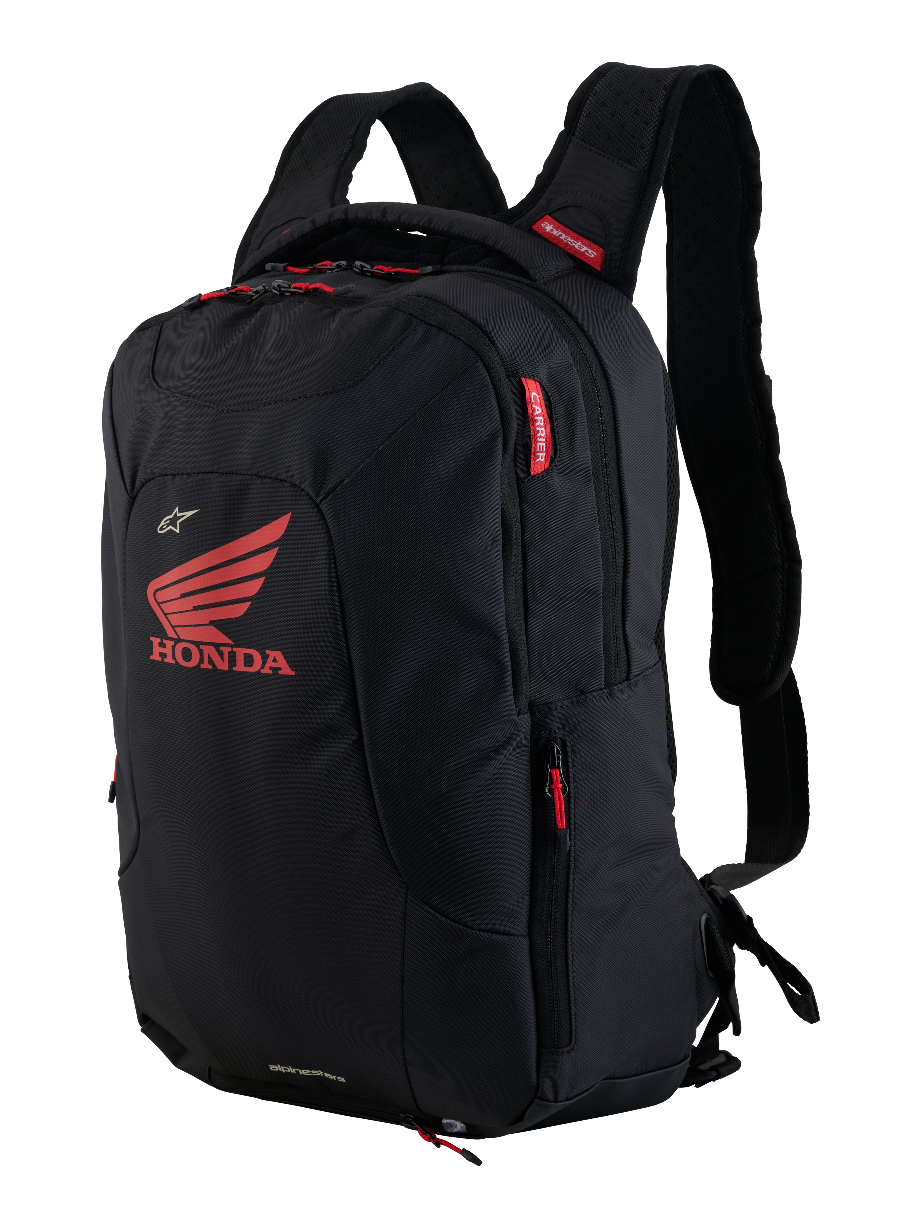Honda City Hunter V2 Backpack, Urban Motorcycle Backpack, Black and Bright Red, featuring a large red Honda wing logo and Alpinestars branding, multiple zippered compartments with red pulls, ergonomic design with padded 3D mesh straps.