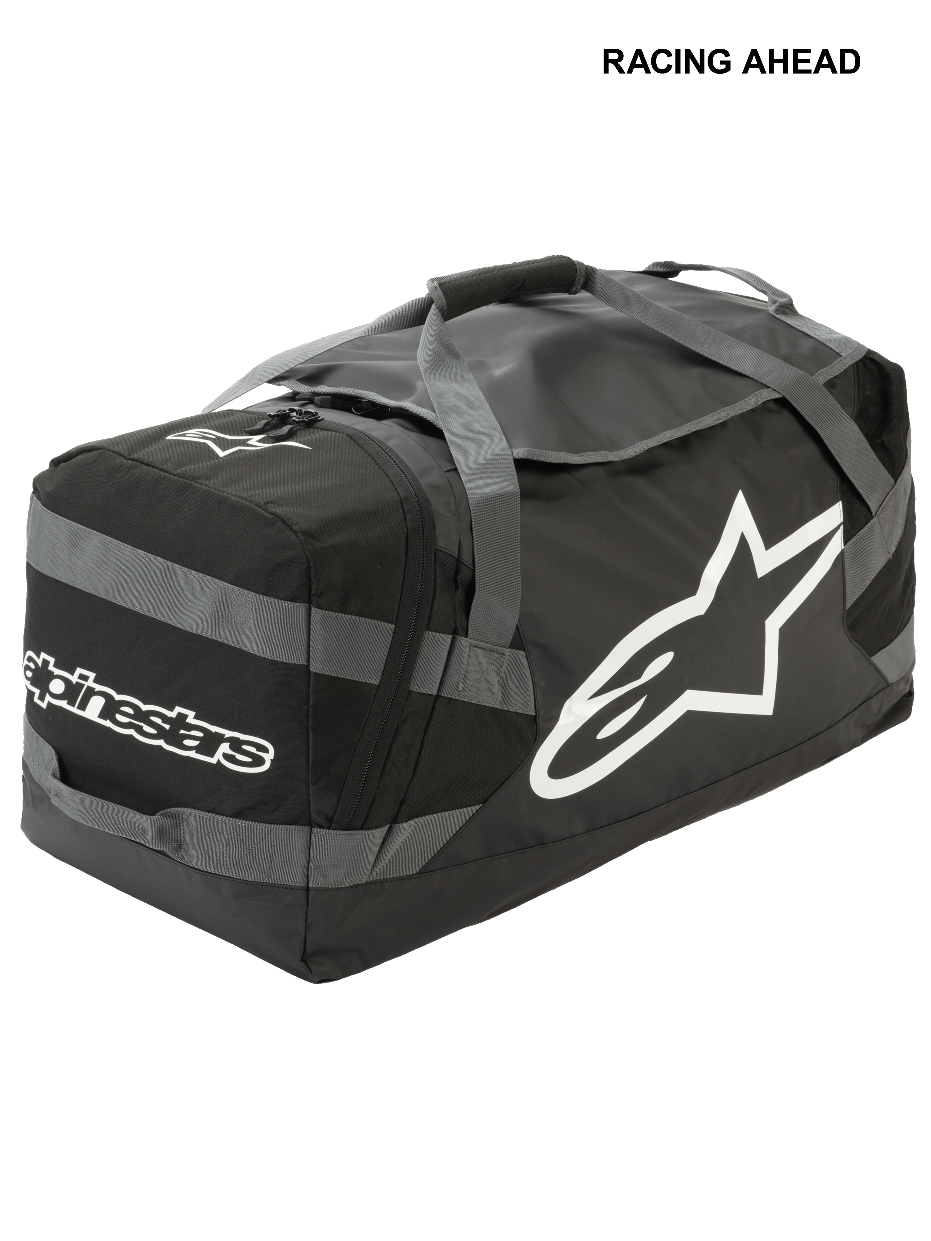 Alpinestars Goanna Bag, Motocross Duffle Bag, Black and Anthracite Gray with White logos, features large side star logo and wordmark, durable tarpaulin base, reinforced carry straps, large gear storage for off-road racing