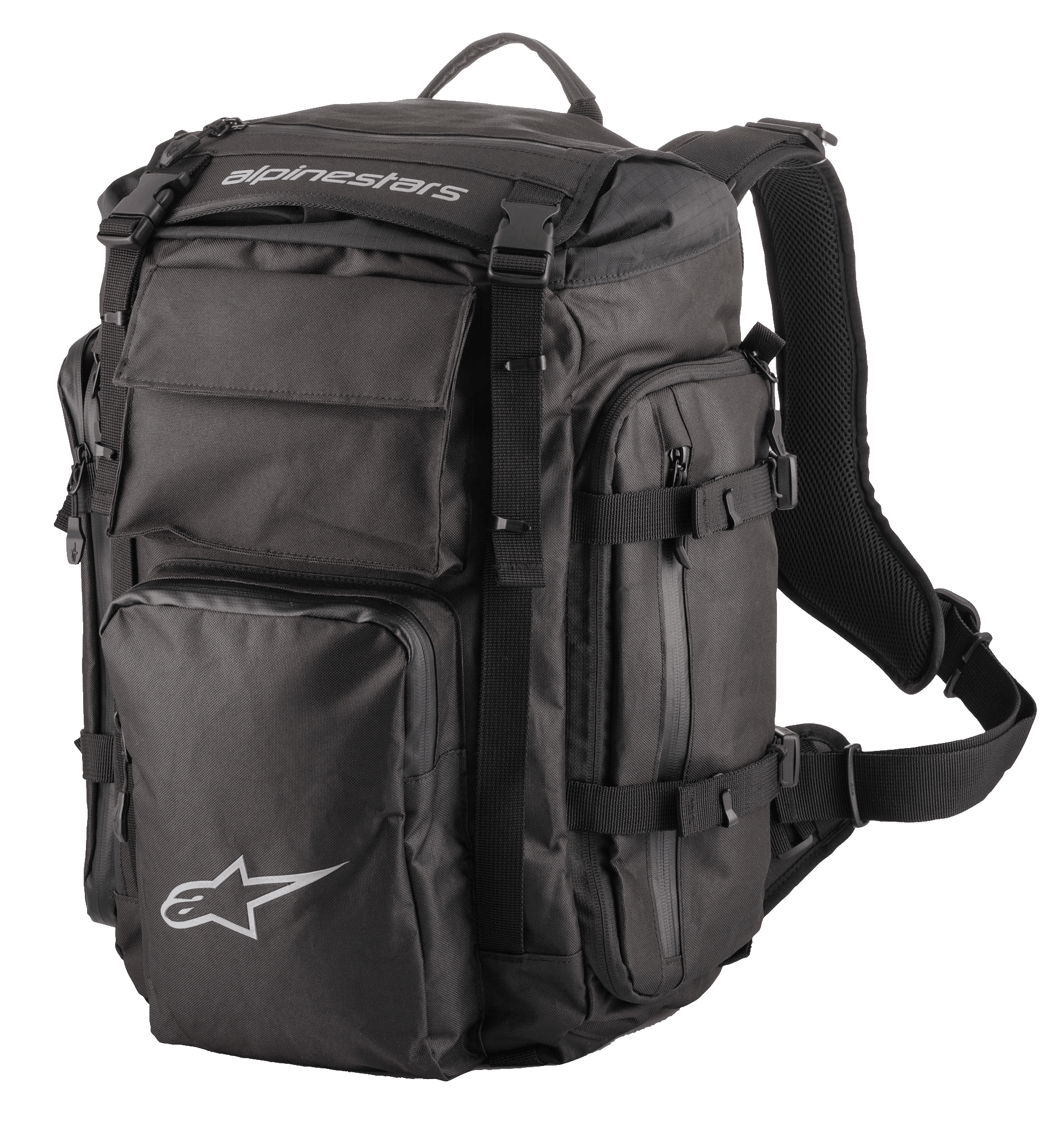Alpinestars Rover Overland Backpack, Adventure Touring Backpack, Black, white Alpinestars branding, multiple zippered compartments with compression straps, padded mesh shoulder straps and ergonomic harness, durable textile design for long-distance motorcycle travel