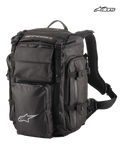 Alpinestars Rover Overland Backpack, adventure touring motorcycle backpack, black, featuring a 39-liter capacity, roll-top design, compressible front compartment, and durable textile construction