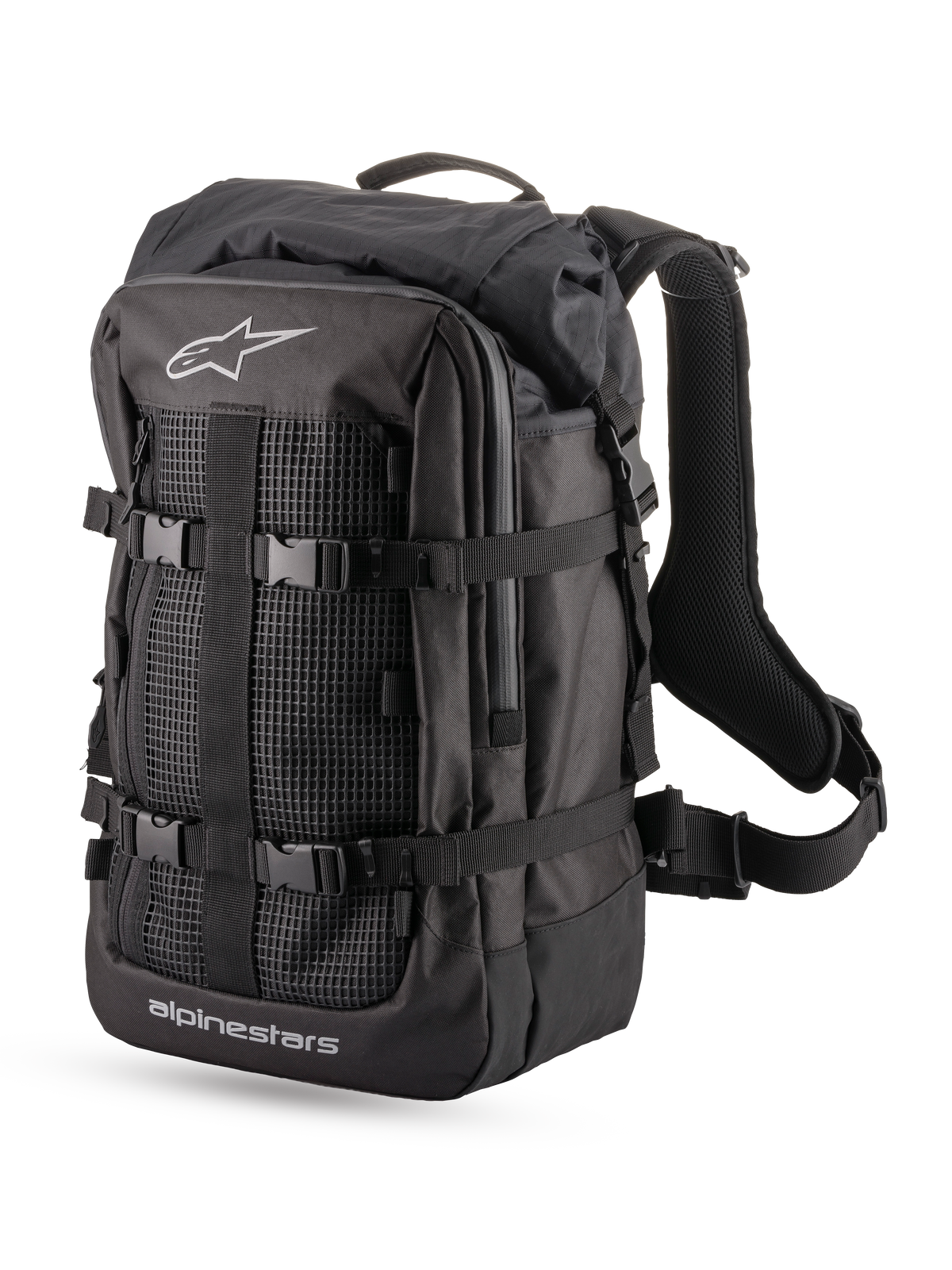 Alpinestars Rover Multi Rucksack, Adventure-Motorradrucksack, Schwarz, 32,4-Liter-Textilkonstruktion mit Rolltop-Fach, Kompressionsriemen und Front-Mesh-Panel mit Logo-Details