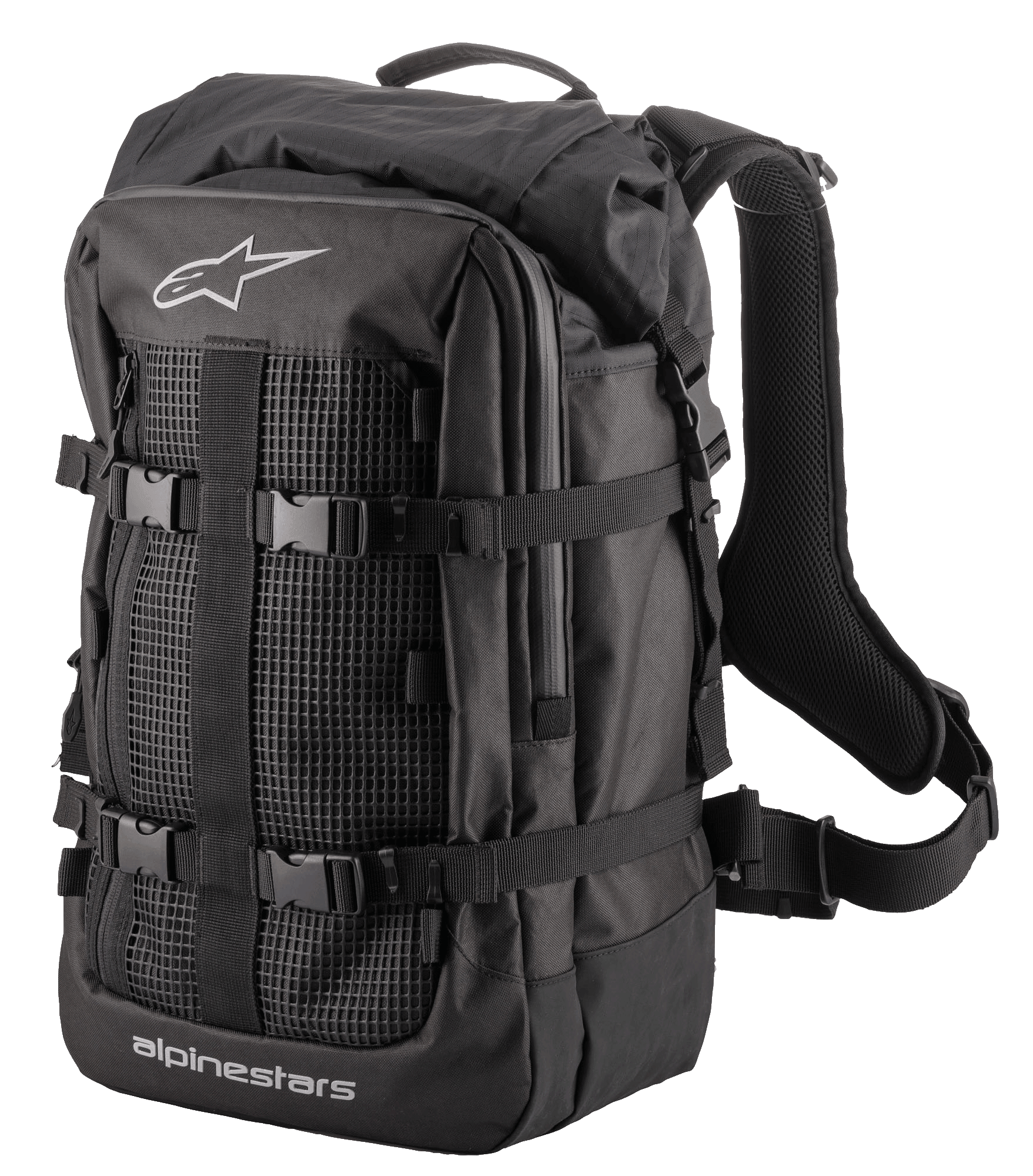 Alpinestars Rover Multi Rucksack, Adventure-Tourenrucksack, Schwarz, mit Mesh-Frontpanel, verstellbaren Kompressionsriemen mit Schnallen, gepolsterten ergonomischen Schultergurten und robuster Textilkonstruktion für das Pendeln mit dem Motorrad und Abenteuerfahrten