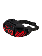 Alpinestars MM93 Waist Bag, Motorcycle Hip Pack, Black with Red Fluo and Bright Red, featuring stylized red 93 logo on front, multiple zippered storage compartments with red pulls, adjustable black waist strap with buckle, durable textile construction