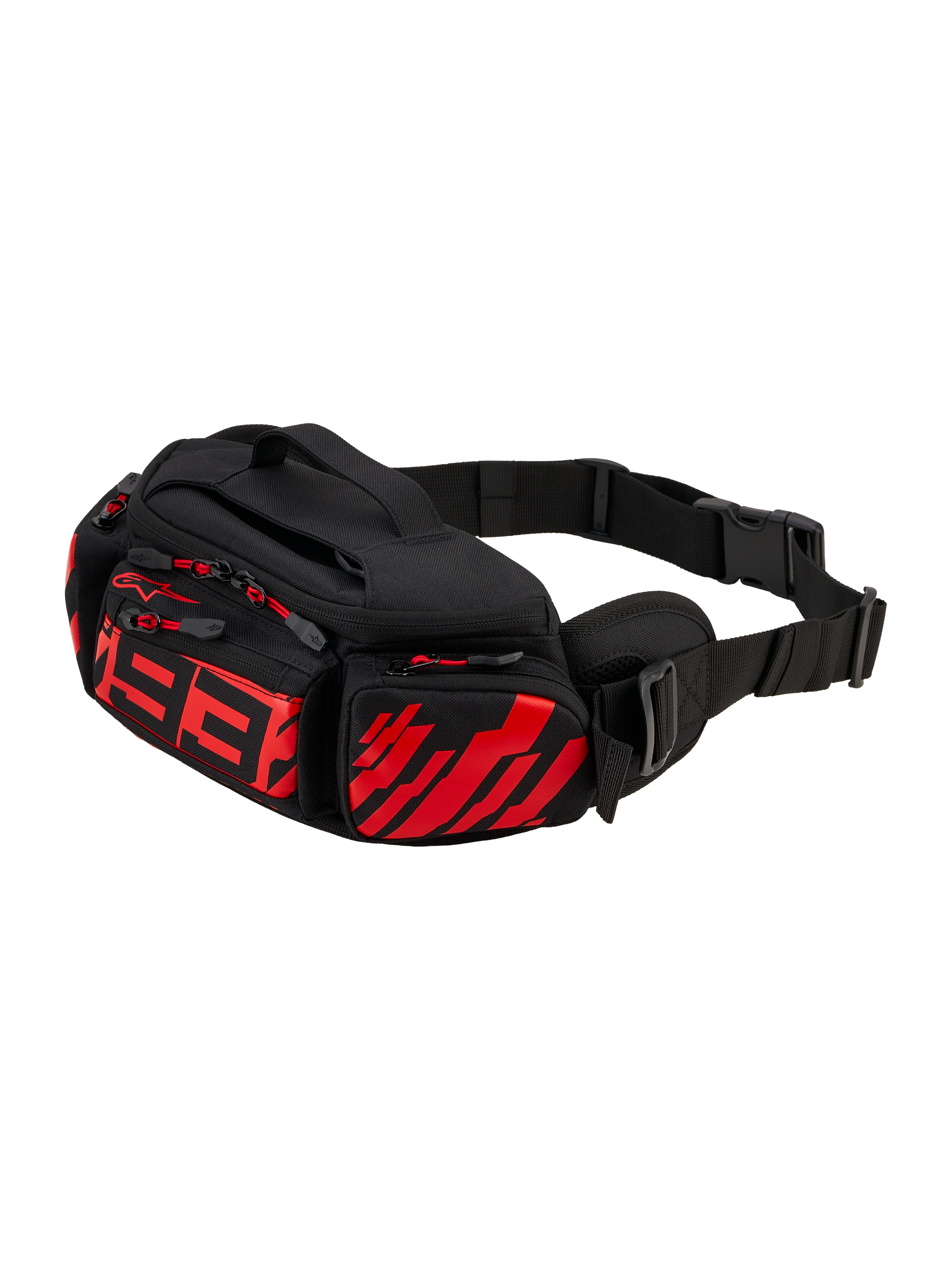 Alpinestars MM93 Waist Bag, Motorrad-Hüfttasche, Schwarz mit fluoreszierendem Rot und leuchtendem Rot, stilisiertes rotes 93-Logo auf der Vorderseite, mehrere Reißverschlussfächer mit roten Zippern, verstellbarer schwarzer Hüftgurt mit Schnalle, strapazierfähige Textilkonstruktion