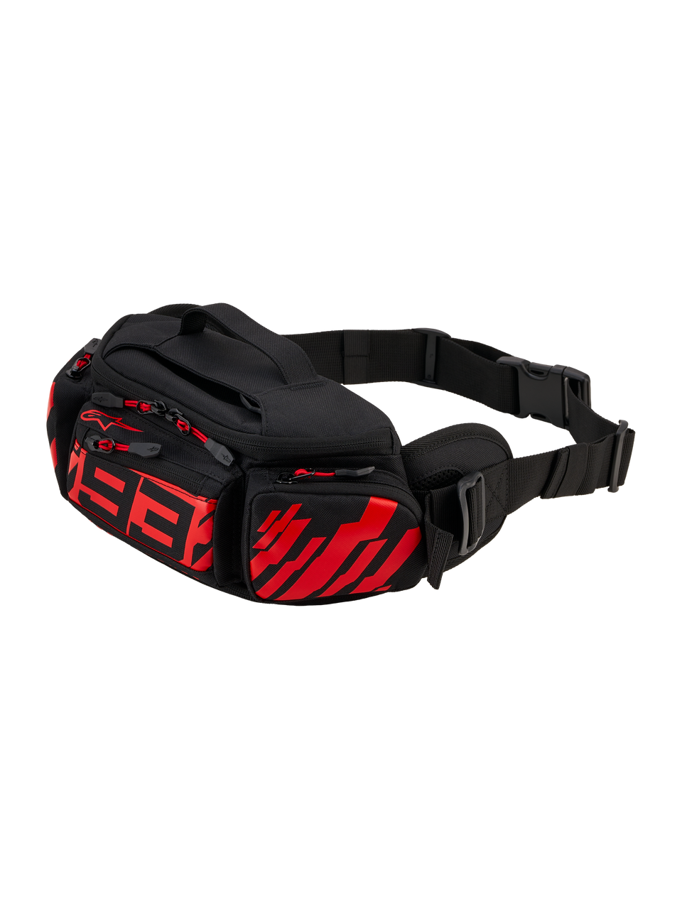 Alpinestars MM93 Waist Bag, Motorrad-Hüfttasche, Schwarz mit fluoreszierendem Rot und leuchtendem Rot, stilisiertes rotes 93-Logo auf der Vorderseite, mehrere Reißverschlussfächer mit roten Zippern, verstellbarer schwarzer Hüftgurt mit Schnalle, strapazierfähige Textilkonstruktion