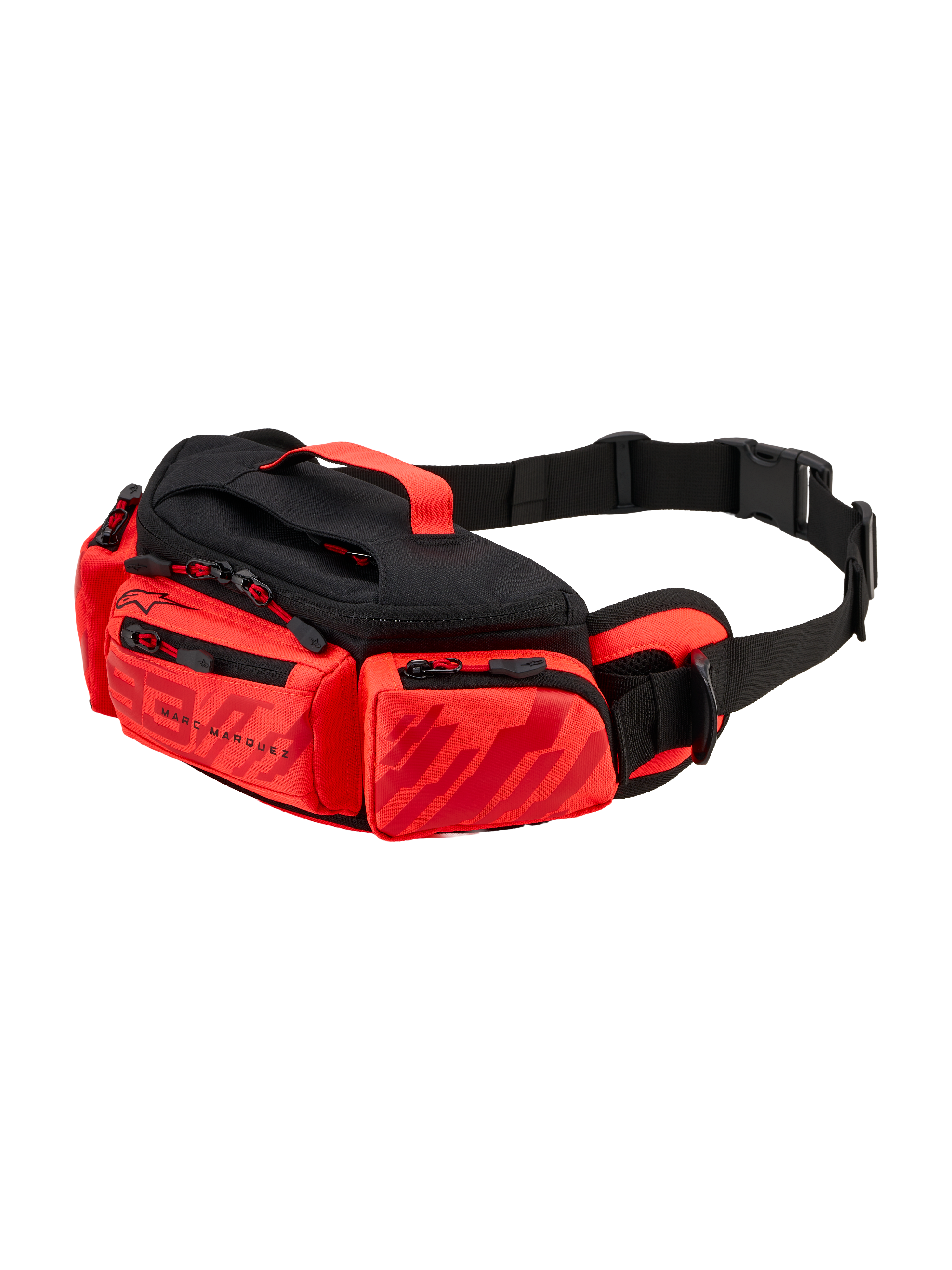 Alpinestars MM93 Waist Bag, Motorcycle Waist Pack, Bright Red, Red Fluo and Black, featuring Marc Marquez graphics, multiple zippered compartments, adjustable waist strap with buckle, and a top handle.