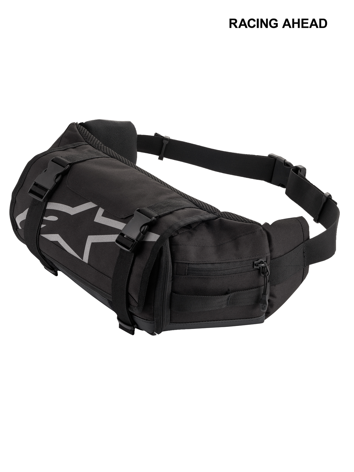 Alpinestars Tech Tool Pack, Schwarz, strapazierfähige Motorrad-Werkzeug-Hüfttasche, mit grauem Alpinestars Stern-Logo, verstellbaren Kompressionsriemen mit Kunststoffschnallen und seitlichen Reißverschlussfächern für den Enduro- und Offroad-Einsatz