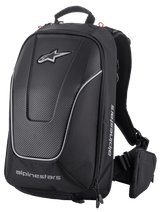 The black Charger Pro Backpack from Alpinestars EU features a sleek, aerodynamic design with prominent logos on the front and side. It includes padded shoulder straps, an adjustable harness, and an additional side pouch, crafted with a combination of textured and smooth materials.