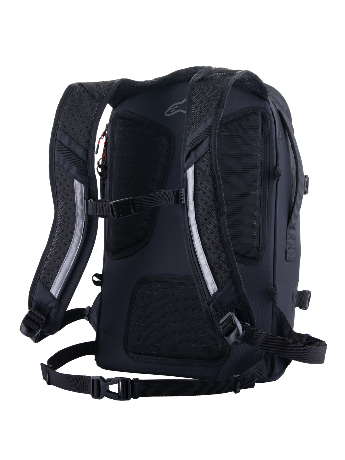 Alpinestars AMP-7 Rucksack, technischer Motorradrucksack, Schwarz, Rückansicht mit ergonomisch geformten, belüfteten und gepolsterten Schultergurten, atmungsaktivem Mesh-Rückenpolster, Brustgurt und Hüftgurtsystem