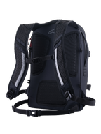 Alpinestars AMP-7 Rucksack, technischer Motorradrucksack, Schwarz, Rückansicht mit ergonomisch geformten, belüfteten und gepolsterten Schultergurten, atmungsaktivem Mesh-Rückenpolster, Brustgurt und Hüftgurtsystem