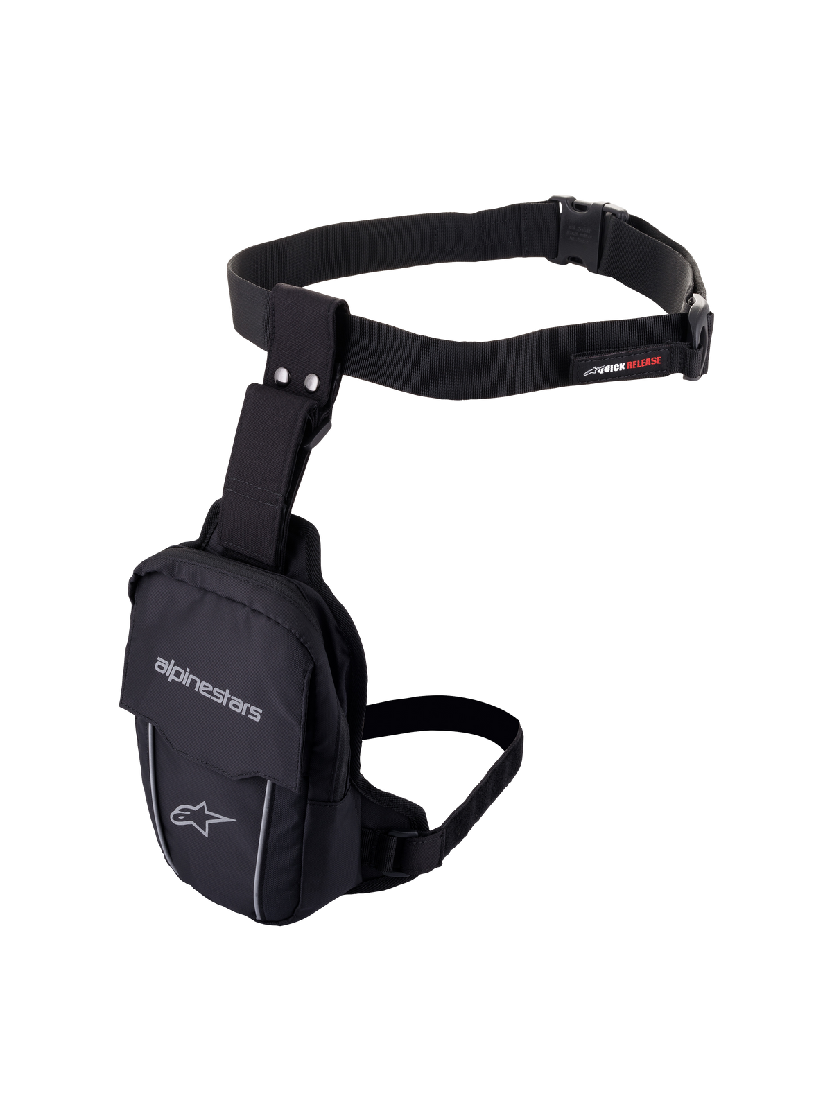 Alpinestars Access Thigh Bag, Black motorcycle leg bag, durable textile construction with adjustable waist belt and thigh strap, featuring Alpinestars branding, reflective piping, and quick-release buckle, ergonomic design for on-bike storage of small essentials.
