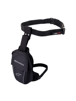 Alpinestars Access Thigh Bag, Black motorcycle leg bag, durable textile construction with adjustable waist belt and thigh strap, featuring Alpinestars branding, reflective piping, and quick-release buckle, ergonomic design for on-bike storage of small essentials.