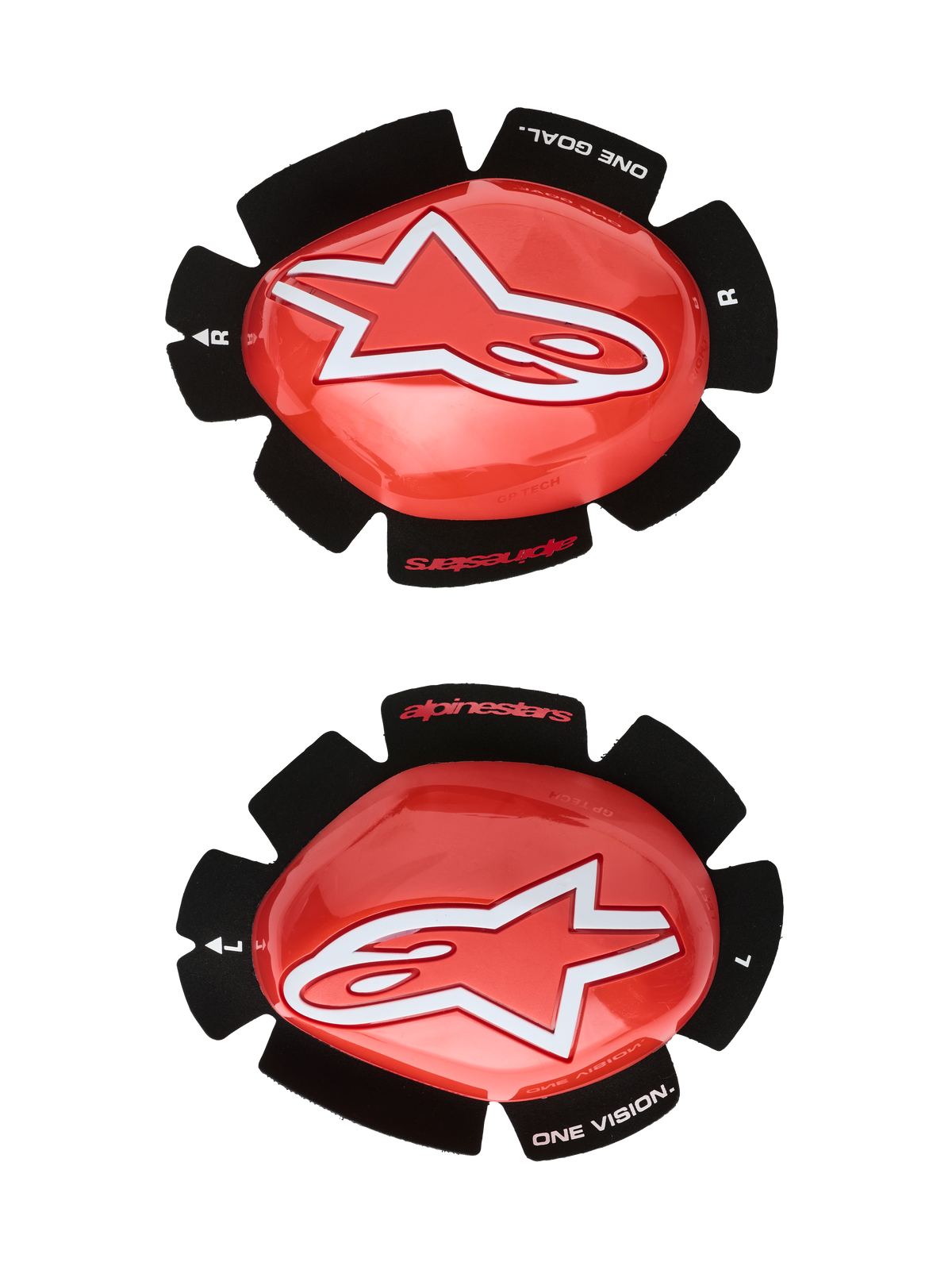 Alpinestars GP Tech Knee Sliders, Red and White, Motorcycle Racing Knee Protectors, featuring a large white star logo on glossy red plastic, 'ONE GOAL. ONE VISION.' text on black petal-shaped velcro backing, left and right pair for track use.
