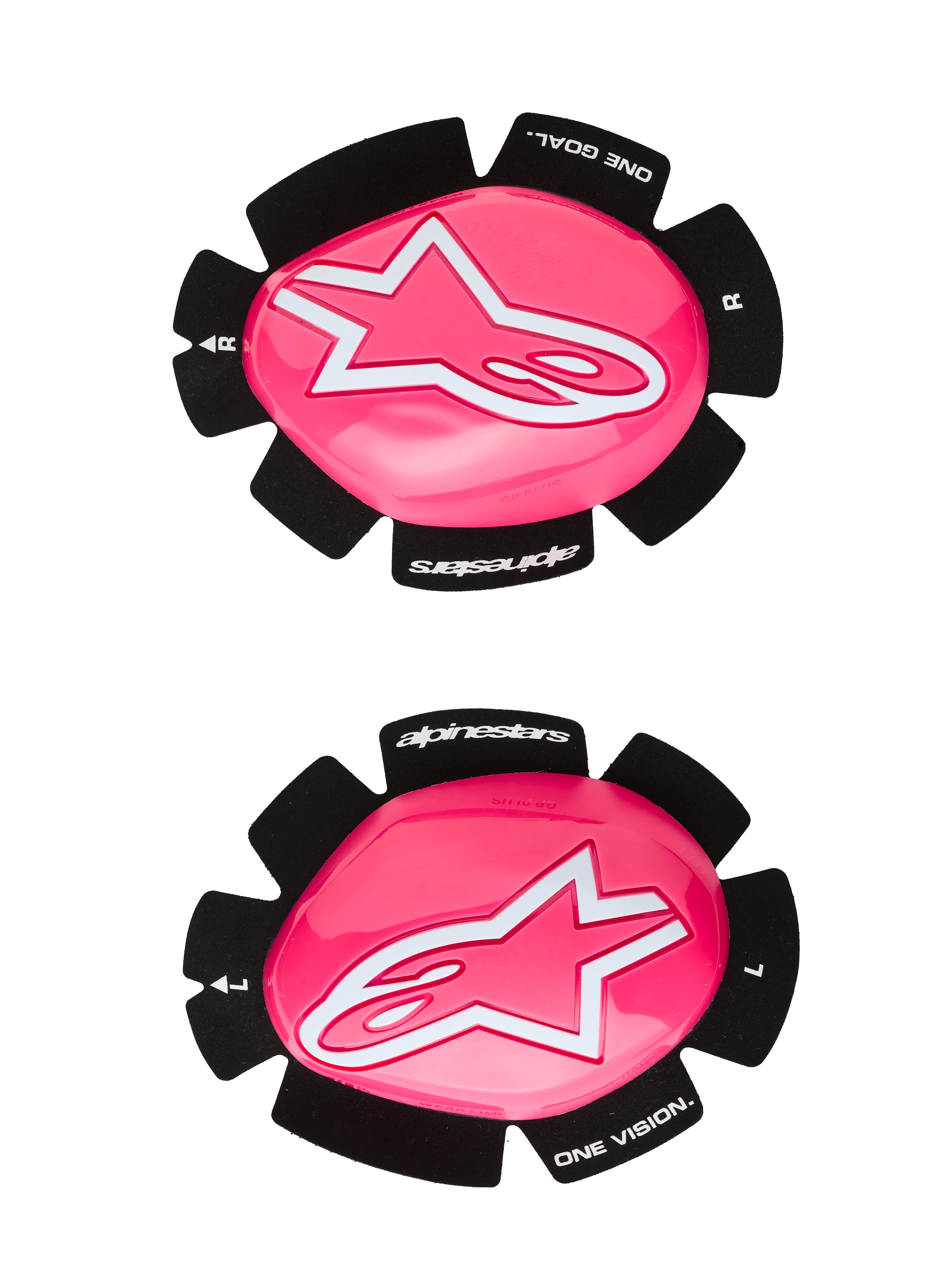 Alpinestars GP Plus Knee Slider, Motorcycle Racing Knee Sliders, Pink Fluo and White, set of left and right sliders, glossy pink surface with white star logos, black backing featuring 'One Goal One Vision' text, durable plastic construction for track and road use