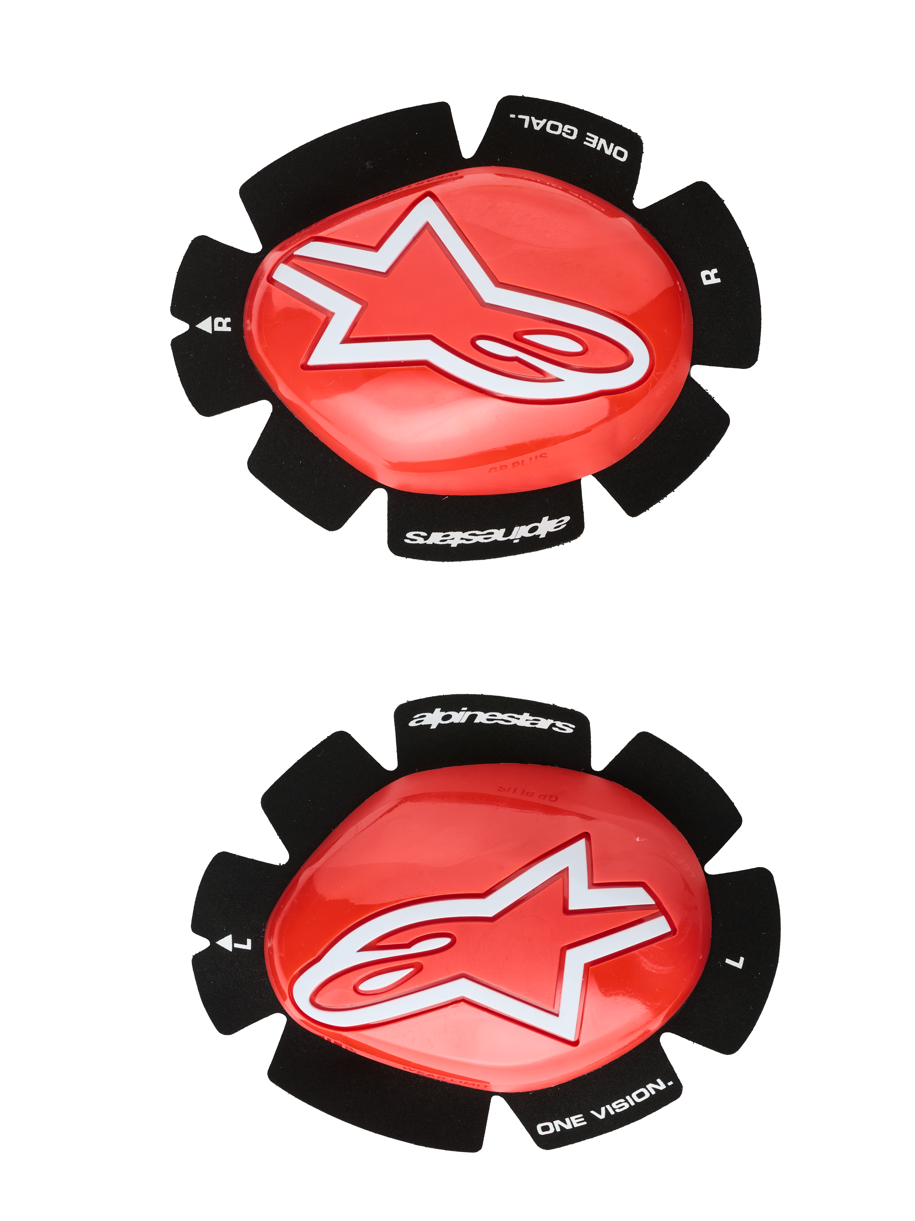 Alpinestars GP Plus Knieschleifer, Motorrad-Rennsport-Knieschutz, Rot und Schwarz, weißes Stern-Logo, „ONE GOAL. ONE VISION.“ Branding, Klettverschluss-Befestigungspads, Paar für links und rechts