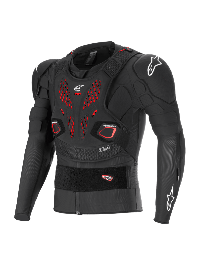 Alpinestars Bionic Pro V3 Plasma Protection Jacket, Off-road motorcycle body armor, Black with red ventilation details on the chest, white Alpinestars logos on shoulders and chest, featuring integrated Nucleon PLASMA elbow and shoulder protectors, floating chest plate, and adjustable elastic waist belt, breathable mesh construction for motocross and dirt riding