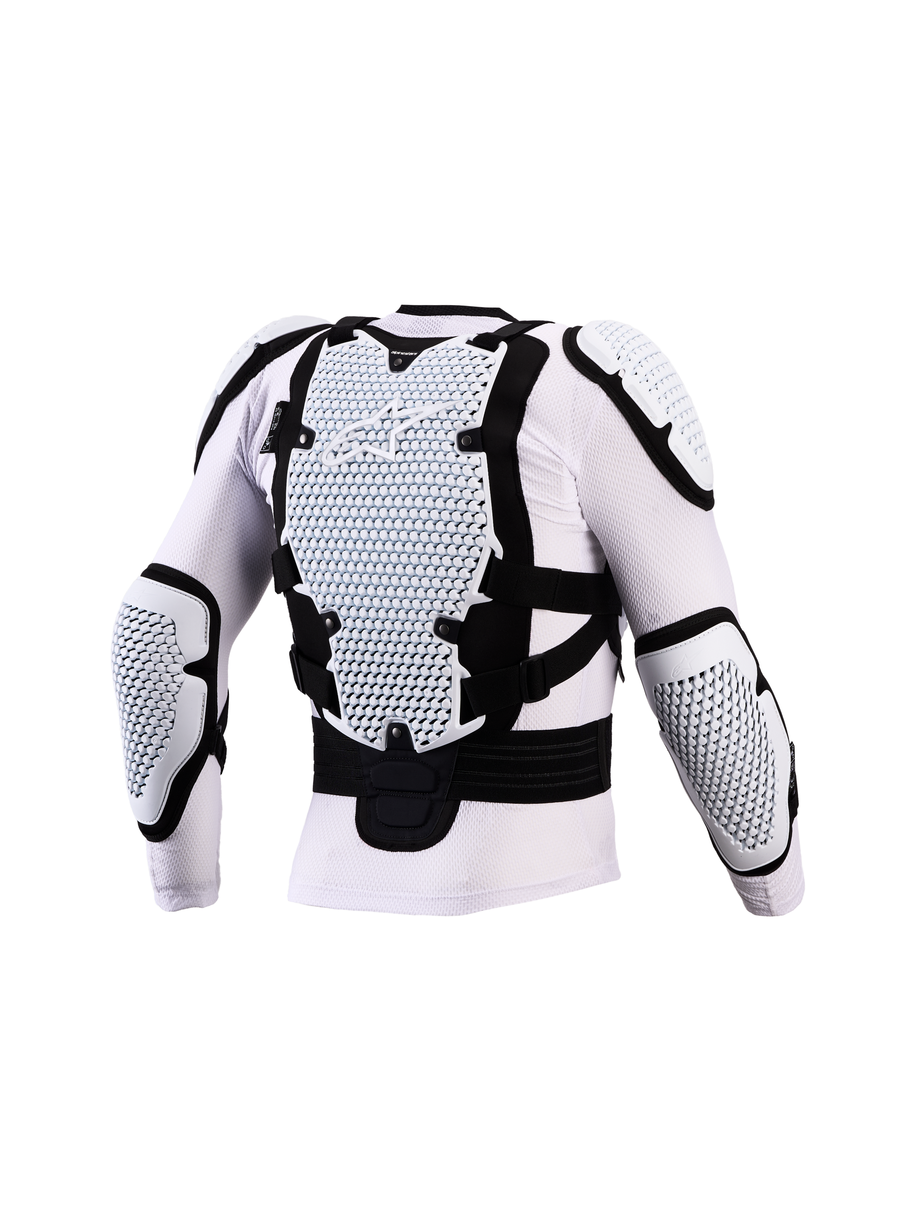 Alpinestars Bionic Action V3 Schutzjacke, Motocross-Körperschutz in Weiß und Schwarz, Rückansicht, CE-zertifizierte A-Morph Technology Protektoren an Rücken und Ellbogen, atmungsaktives Mesh.