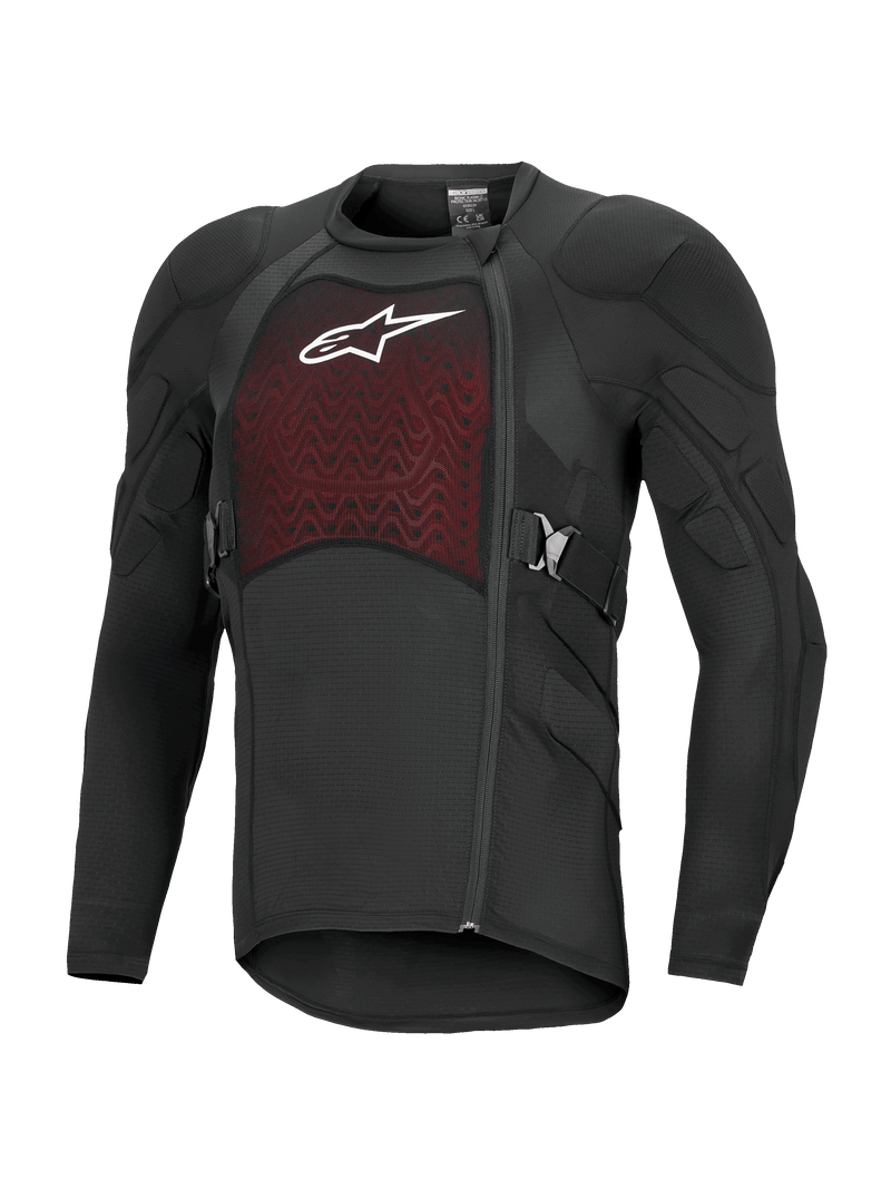 Alpinestars Bionic Plasma LT Protection Jacket Long Sleeve, Black and Red, off-road motorcycle protective gear with padded shoulders and elbows, breathable mesh chest panel with white logo, offset side zipper, and adjustable side belts.
