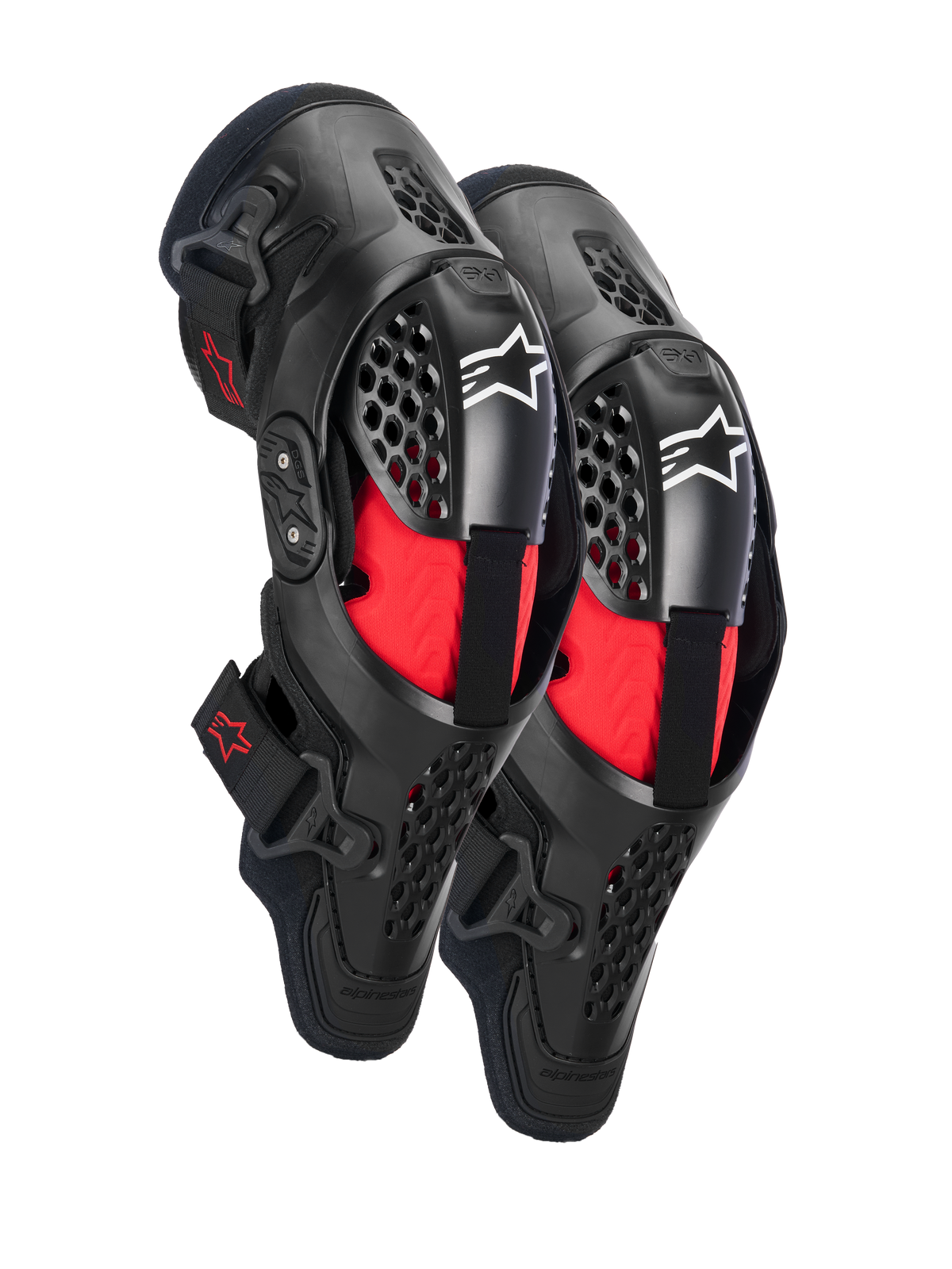 Alpinestars SX-1 Plasma Knieschützer, Motocross-Knieschutz, Schwarz und Rot, mit halbstarren belüfteten Rahmen, roter Innenpolsterung, weißen Alpinestars-Logos auf der Kniescheibe und einem Doppelscharnier-Design für Offroad-Performance