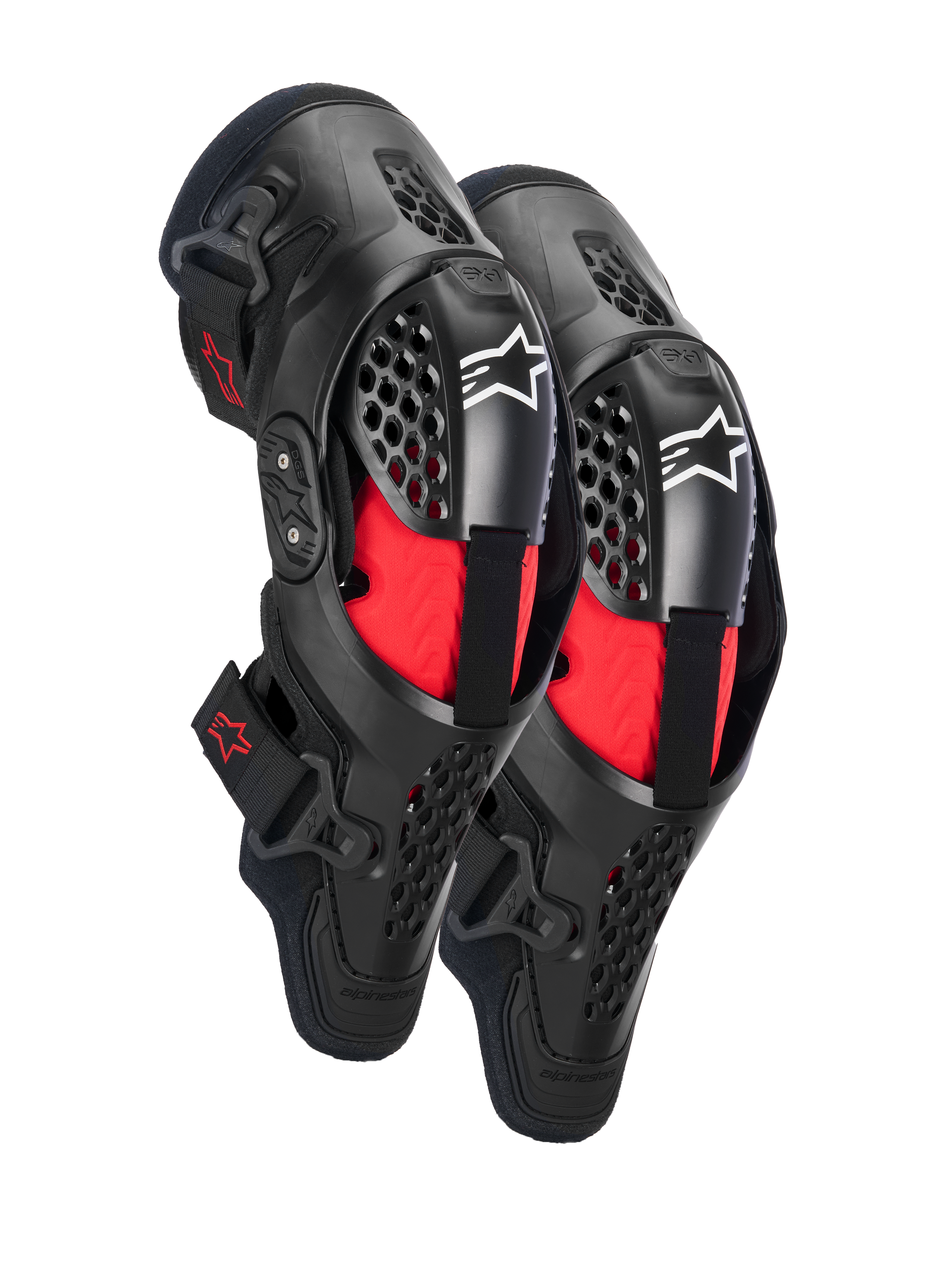 Alpinestars SX-1 Plasma Knieschützer, Motocross-Knieschutz, Schwarz und Rot, mit halbstarren belüfteten Rahmen, roter Innenpolsterung, weißen Alpinestars-Logos auf der Kniescheibe und einem Doppelscharnier-Design für Offroad-Performance