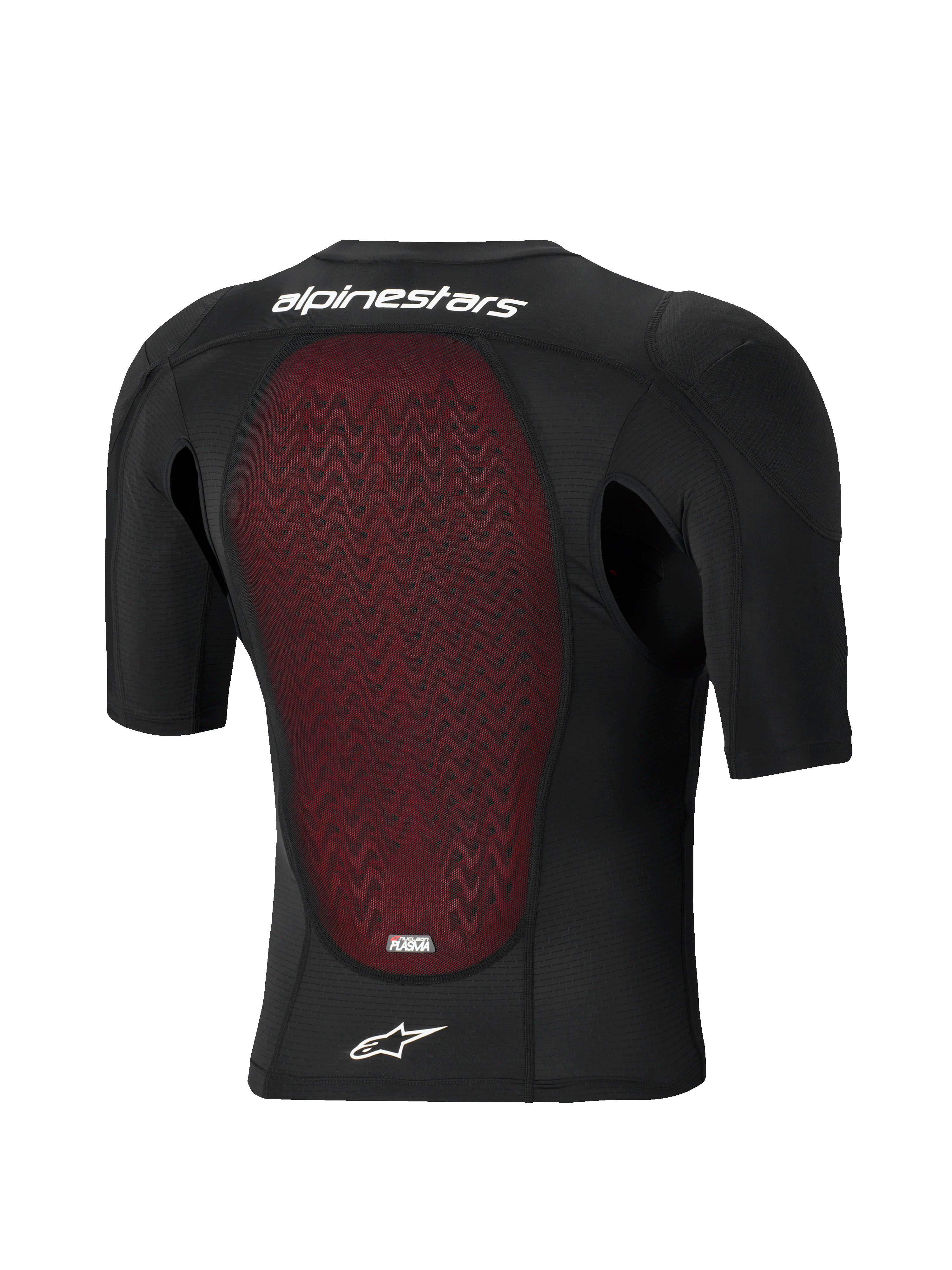 Alpinestars Bionic Plasma LT Protection Jacket - Short Sleeve, rear view, black breathable mesh construction with red textured Nucleon PLASMA back protector, white Alpinestars wordmark and star logo, off-road and motocross protective gear