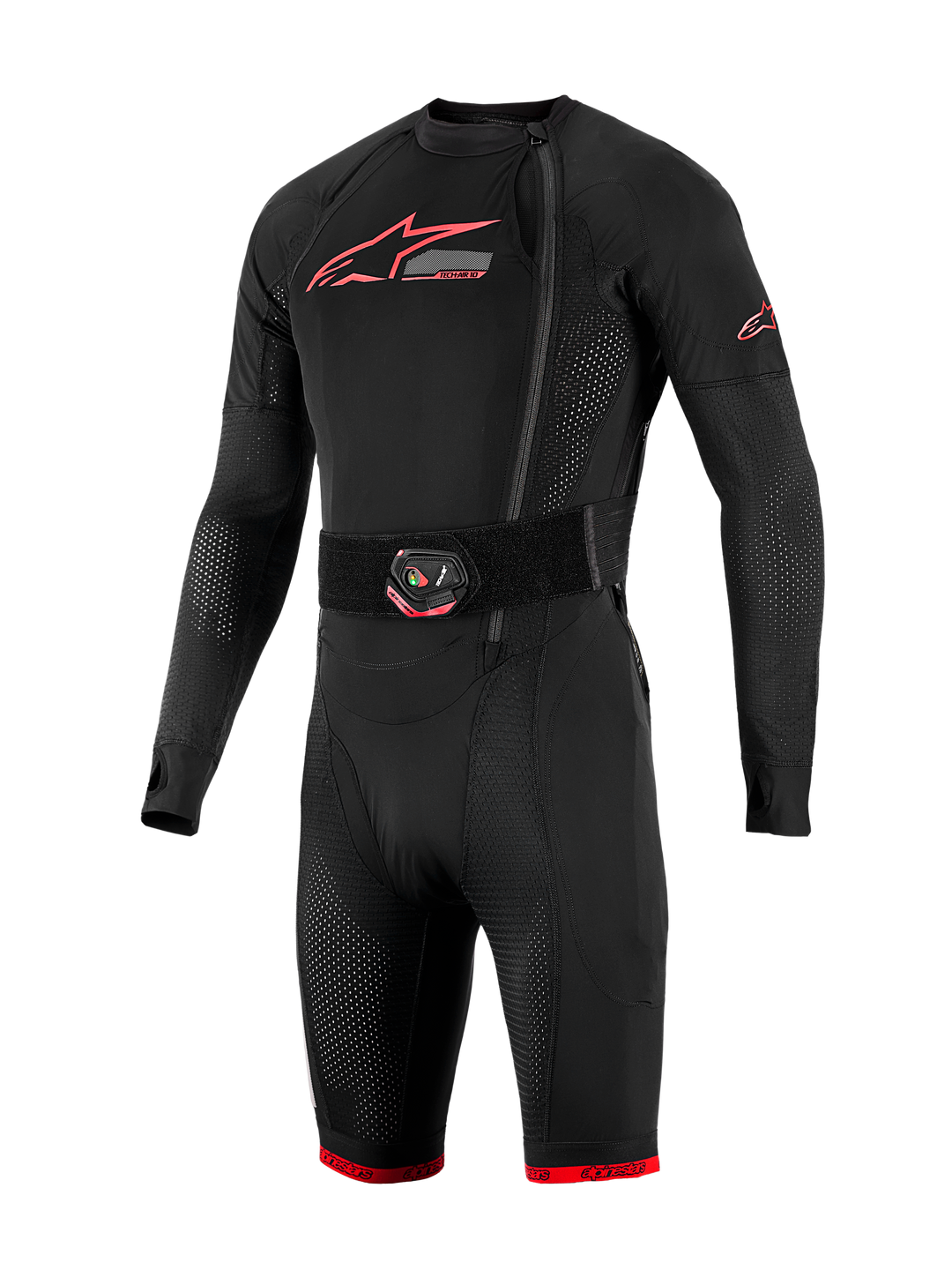 Tech-Air 10 V2 Race Airbag-System, schwarze Basisschicht mit roten Logos, LED-Aktivierungsgurt und Mesh-Einsätzen.