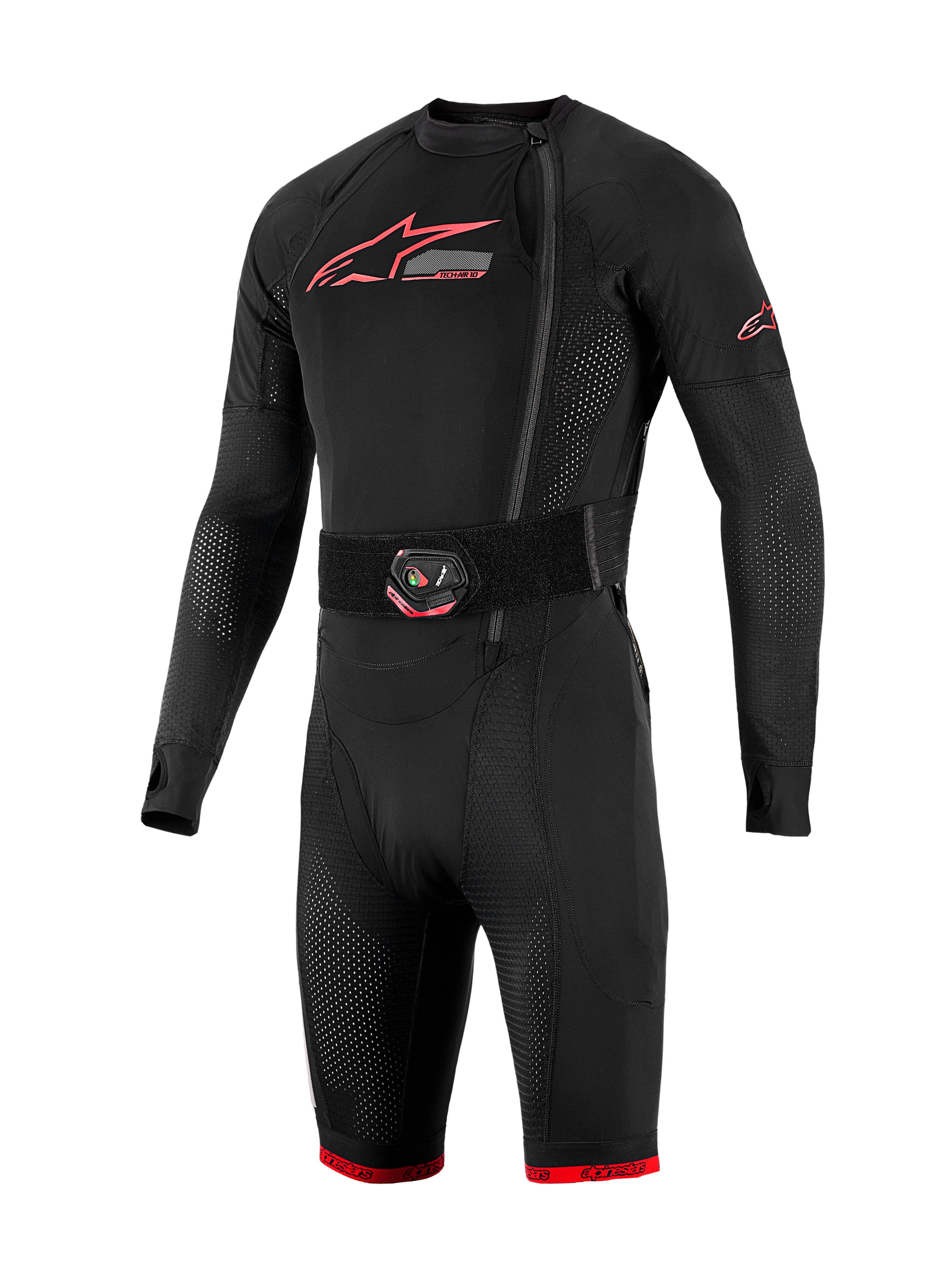 Tech-Air 10 V2 Race Airbag-System, schwarze Basisschicht mit roten Logos, LED-Aktivierungsgurt und Mesh-Einsätzen.