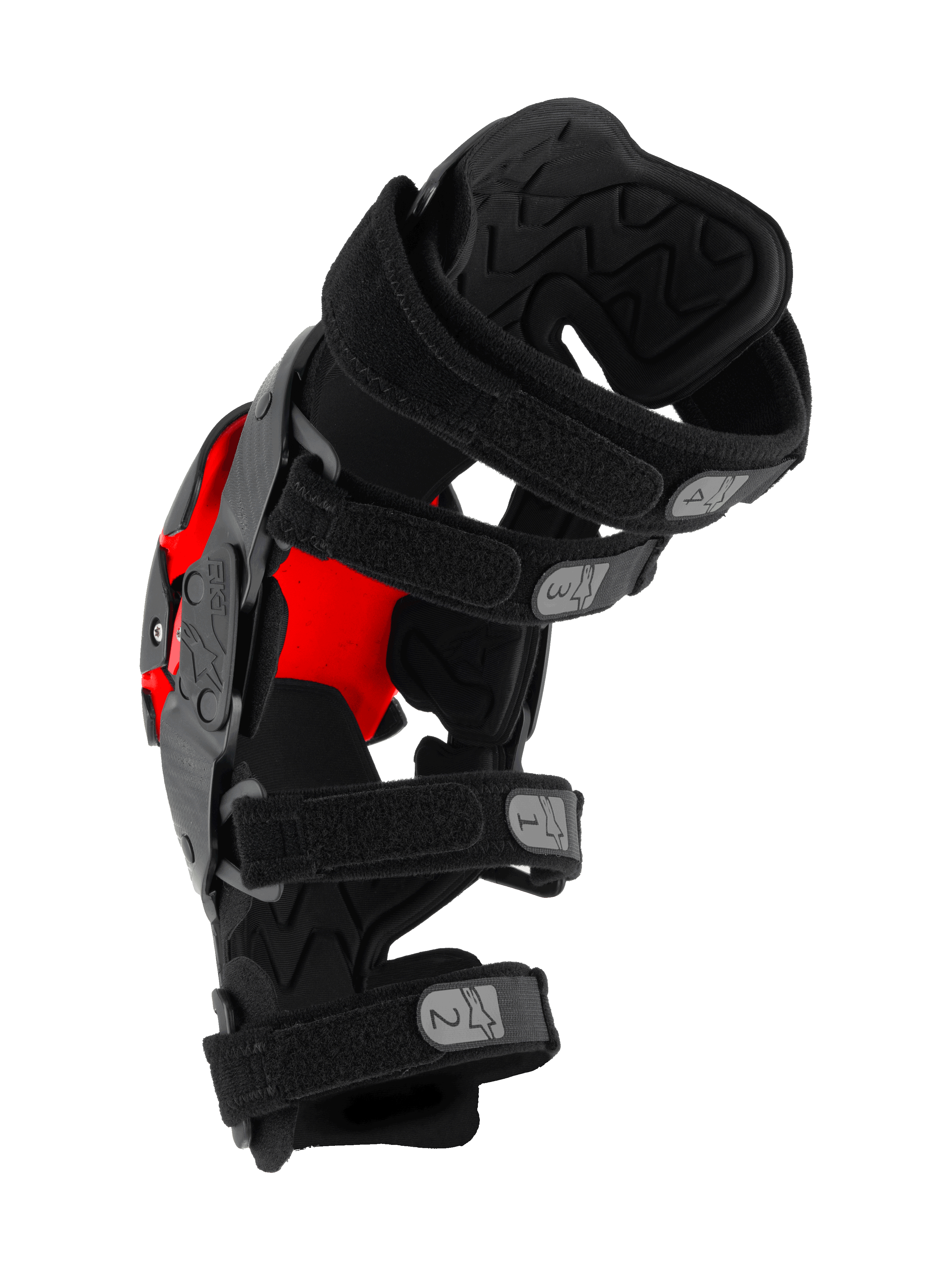 Alpinestars RK-1 Plasma Knee Brace, Motocross Knee Protector, Black and Red, side view showing four numbered adjustable straps and textured interior padding, technical protective gear for off-road racing