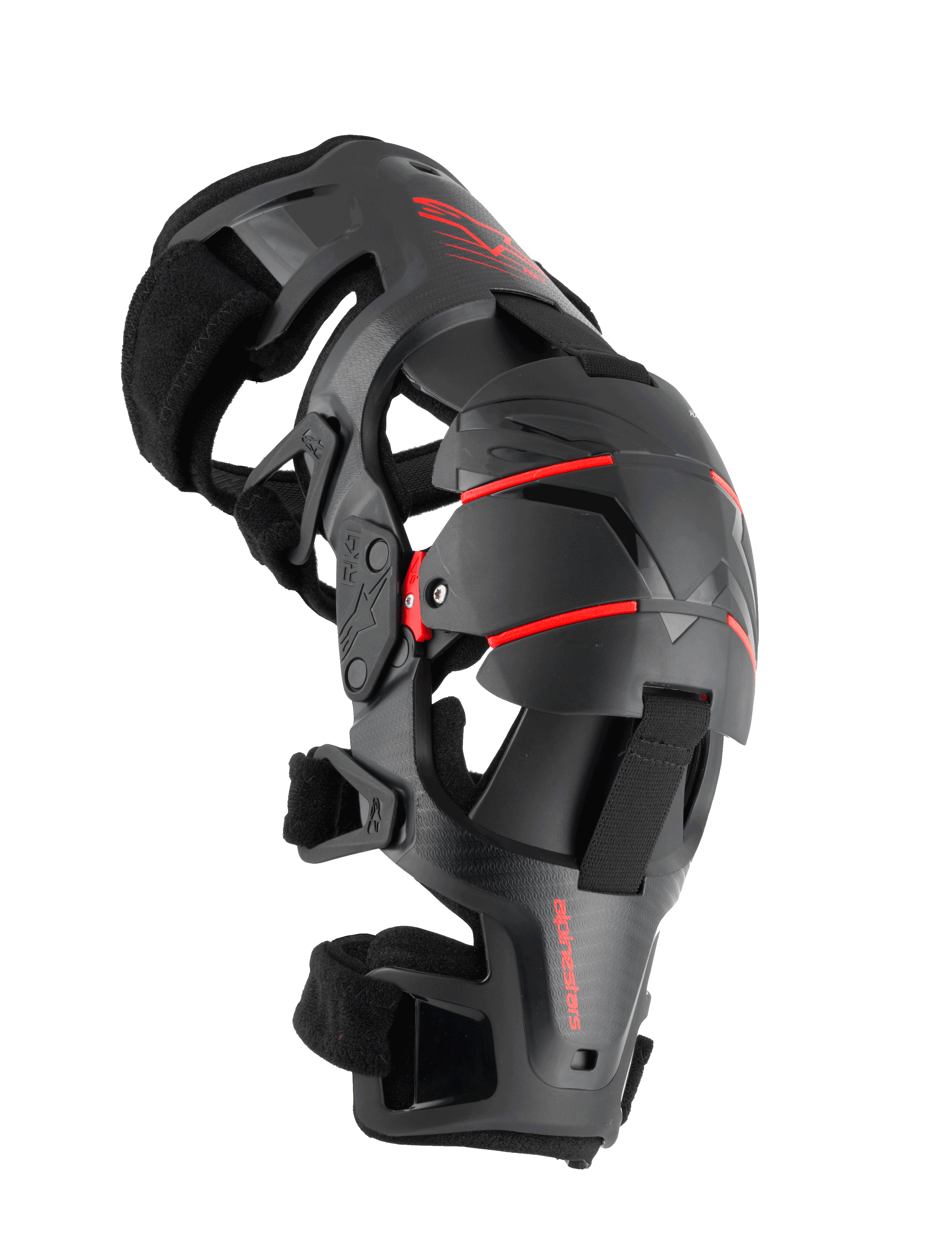 Alpinestars RK-1 Plasma Knee Brace, Motorcycle Knee Protection, Black and Red, side profile view featuring the articulated four-point hinge system, triple segmented knee cup, and adjustable straps for off-road racing
