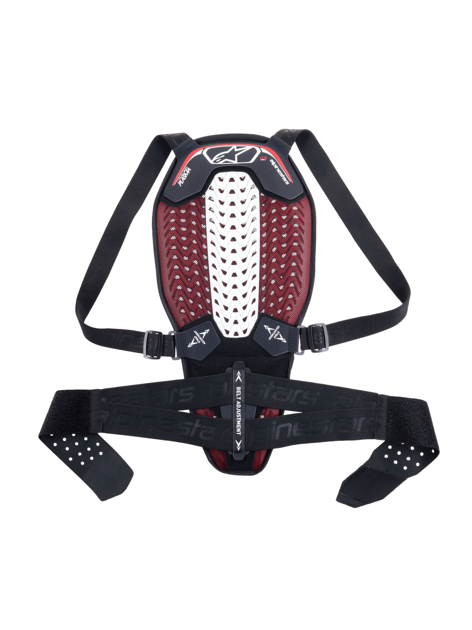 Alpinestars Nucleon Plasma Back Protector, Motorcycle Back Protector, Black White and Red, featuring a white ventilated central spinal zone and red mesh interior, adjustable black shoulder straps and waist belt, ergonomic lightweight design for impact protection