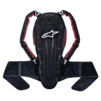 Alpinestars Nucleon KR-2 Back Protector, Black Smoke Red, featuring an articulated vertebrae-style design, adjustable shoulder straps with red accents, and a wide waist belt, lightweight motorcycle spine protection
