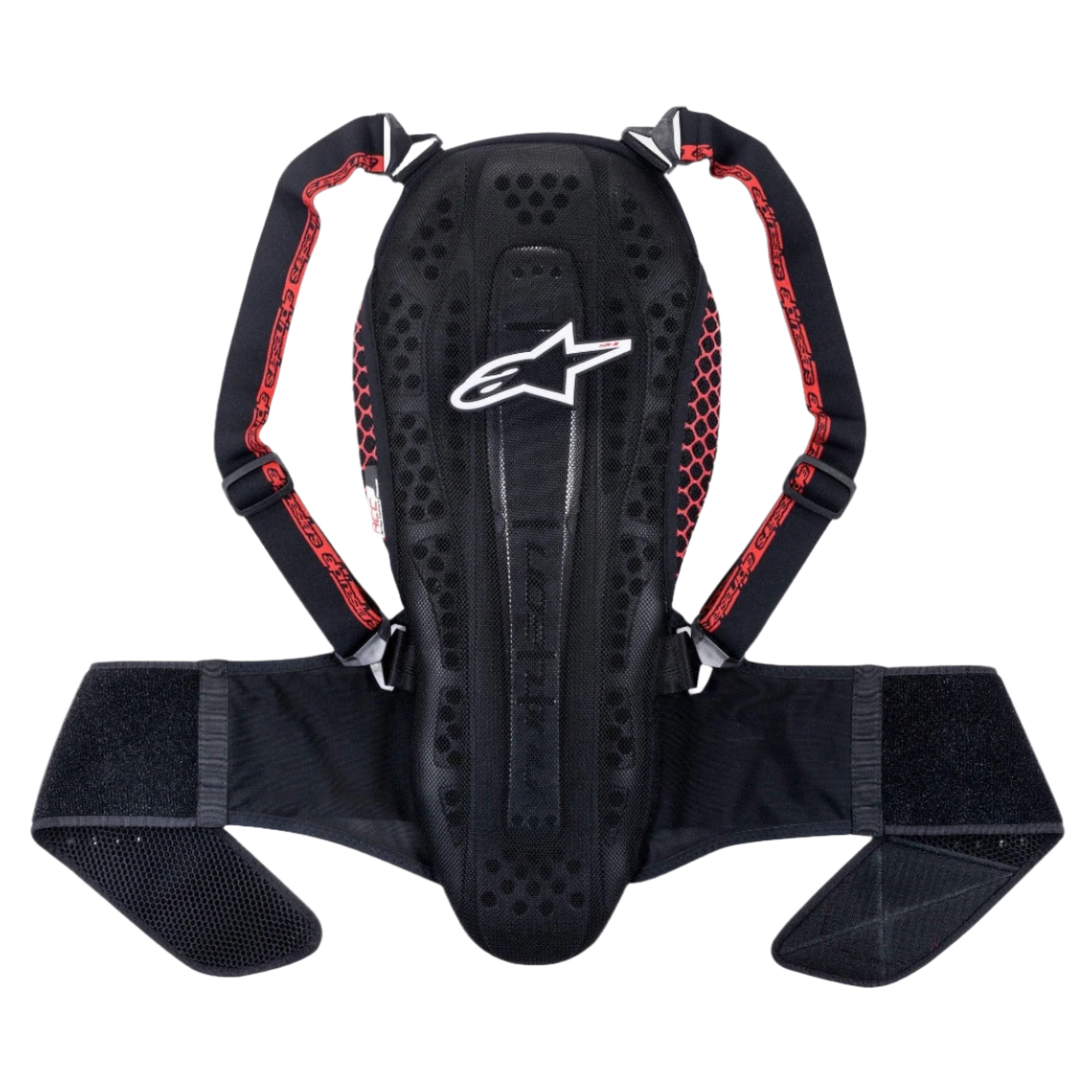 Alpinestars Nucleon KR-2 Back Protector, Black Smoke Red, featuring an articulated vertebrae-style design, adjustable shoulder straps with red accents, and a wide waist belt, lightweight motorcycle spine protection