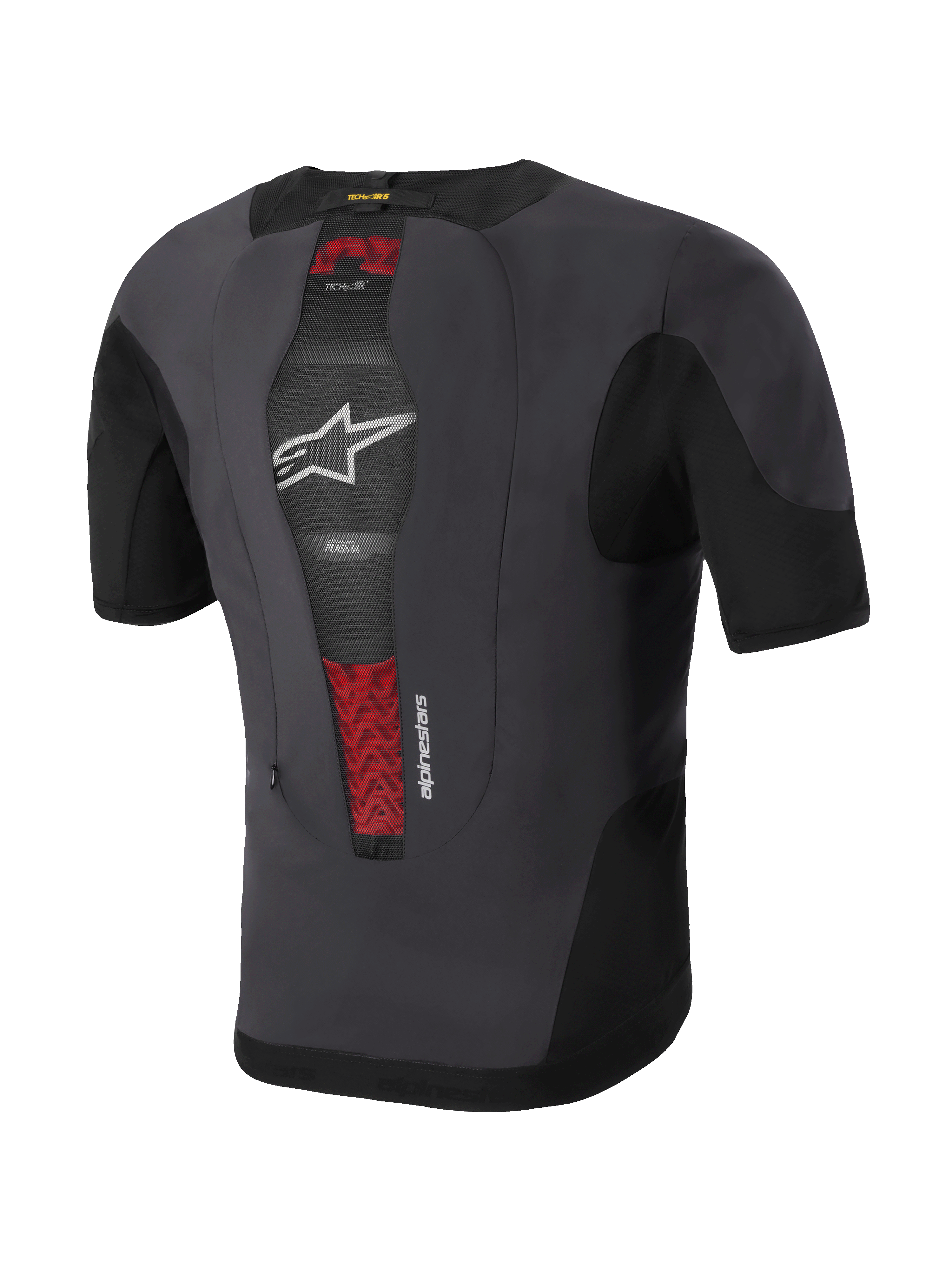 Alpinestars Tech-Air® 5 Plasma System, motorcycle airbag vest, rear view, Black and dark gray, featuring integrated PLASMA back protector visible through center mesh with red details, white star logo, slim and breathable under-jacket design