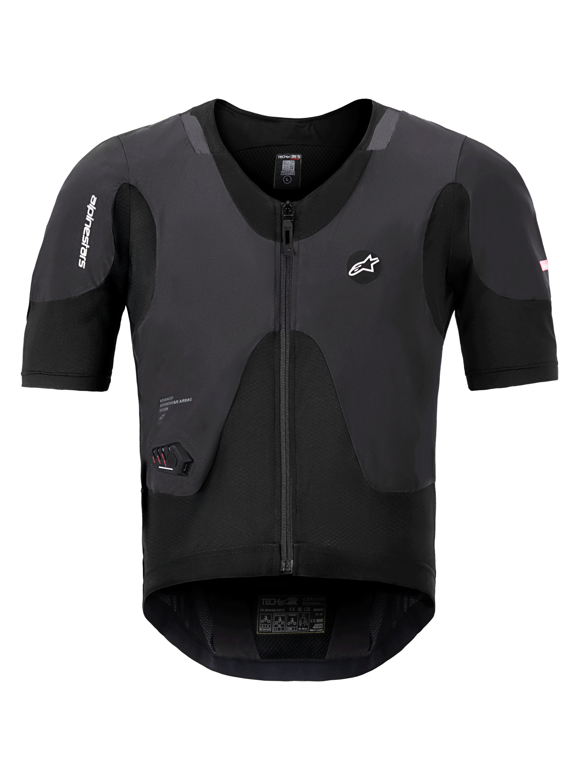 Alpinestars Tech-Air 5 Plasma System, Black Airbag Vest, front view showing short sleeves and central zipper, features Alpinestars branding and an integrated LED status display, ultra-slim protective undergarment for motorcycle safety