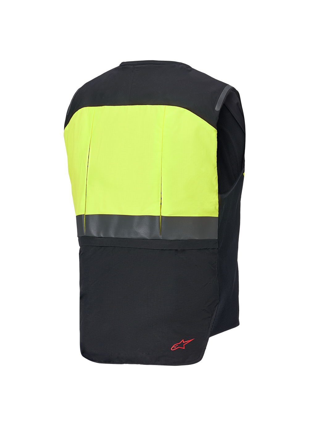 Alpinestars Tech-Air® 3 V2 System, Motorrad-Airbag-Weste, Rückansicht, Schwarz und Gelb Fluo, mit gut sichtbarem gelbem oberem Rückenpanel, reflektierendem horizontalem Streifen und rotem Logo-Detail