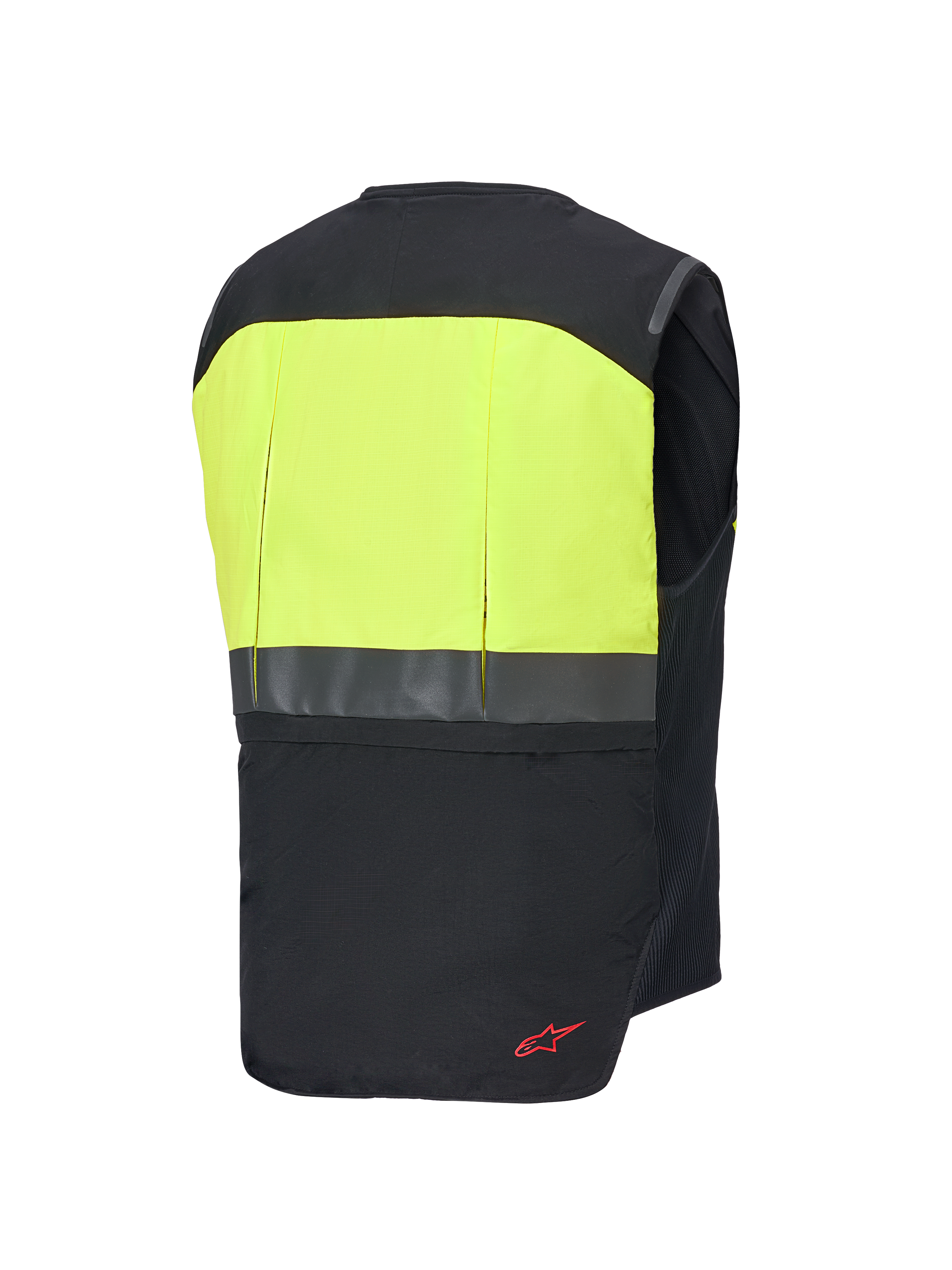 Alpinestars Tech-Air® 3 V2 System, Motorrad-Airbag-Weste, Rückansicht, Schwarz und Gelb Fluo, mit gut sichtbarem gelbem oberem Rückenpanel, reflektierendem horizontalem Streifen und rotem Logo-Detail